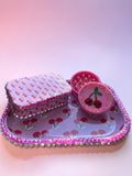Rolling tray Pink Cherry Vanity Set, Cute Trinket Tray Decor, Rhinestone Jewelry Tray, Cherry Tin Box, Coquette Room Decor, Girly Gift Idea