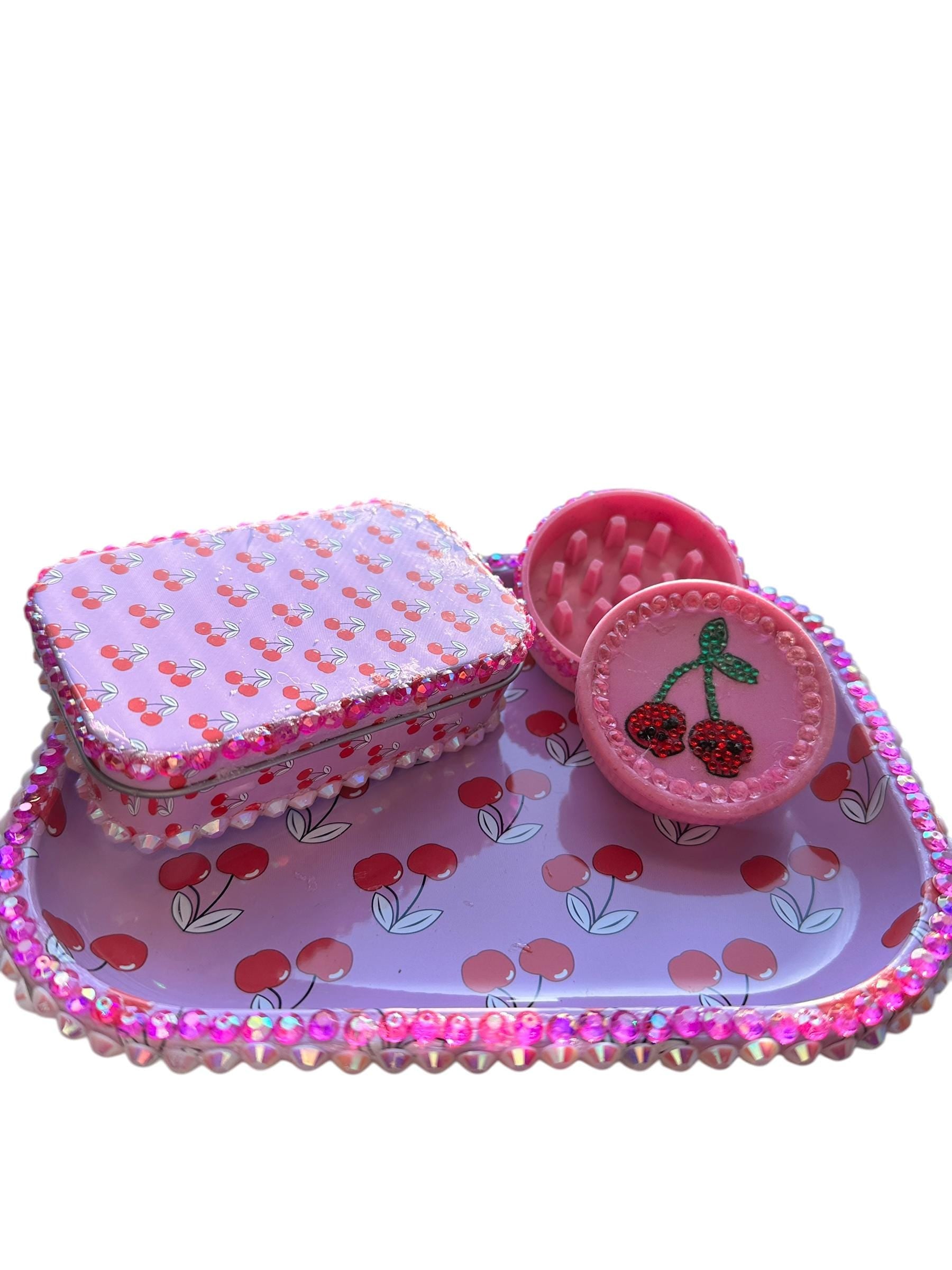 Rolling tray Pink Cherry Vanity Set, Cute Trinket Tray Decor, Rhinestone Jewelry Tray, Cherry Tin Box, Coquette Room Decor, Girly Gift Idea