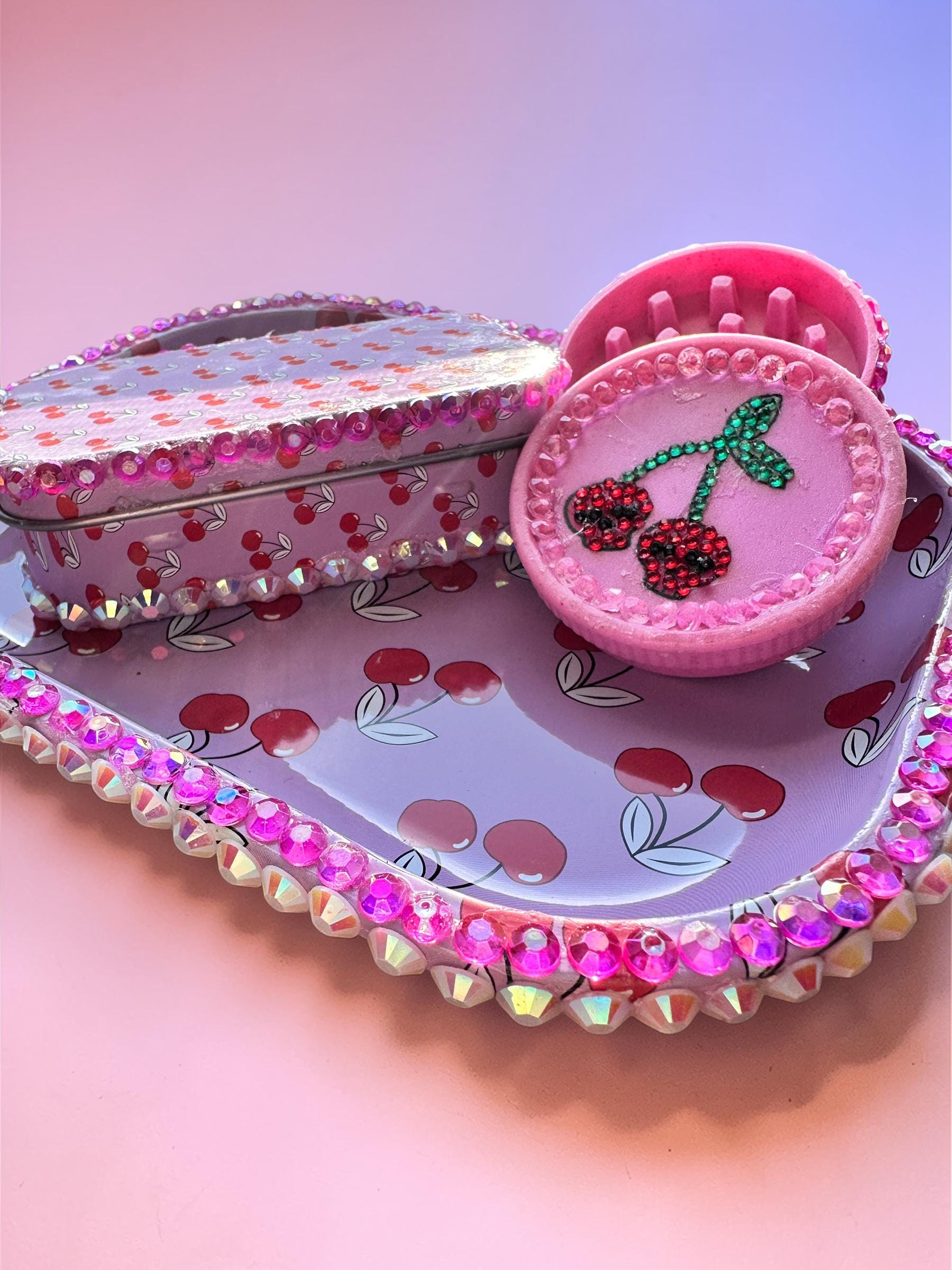 Rolling tray Pink Cherry Vanity Set, Cute Trinket Tray Decor, Rhinestone Jewelry Tray, Cherry Tin Box, Coquette Room Decor, Girly Gift Idea