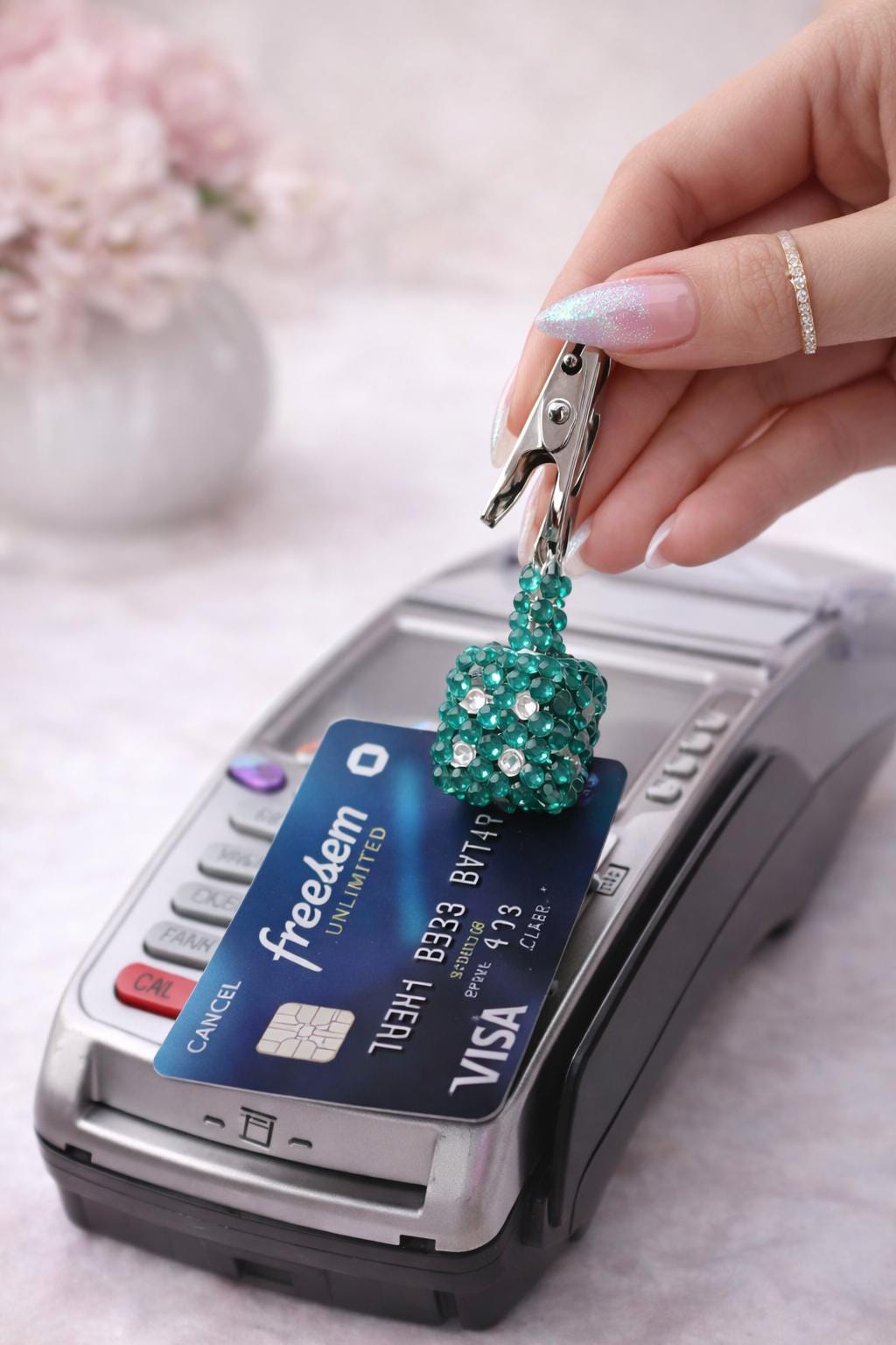 Emerald Green Rhinestone ATM Card Clip, Handmade Bling Grabber, Bracelet Helper, Purse Charm