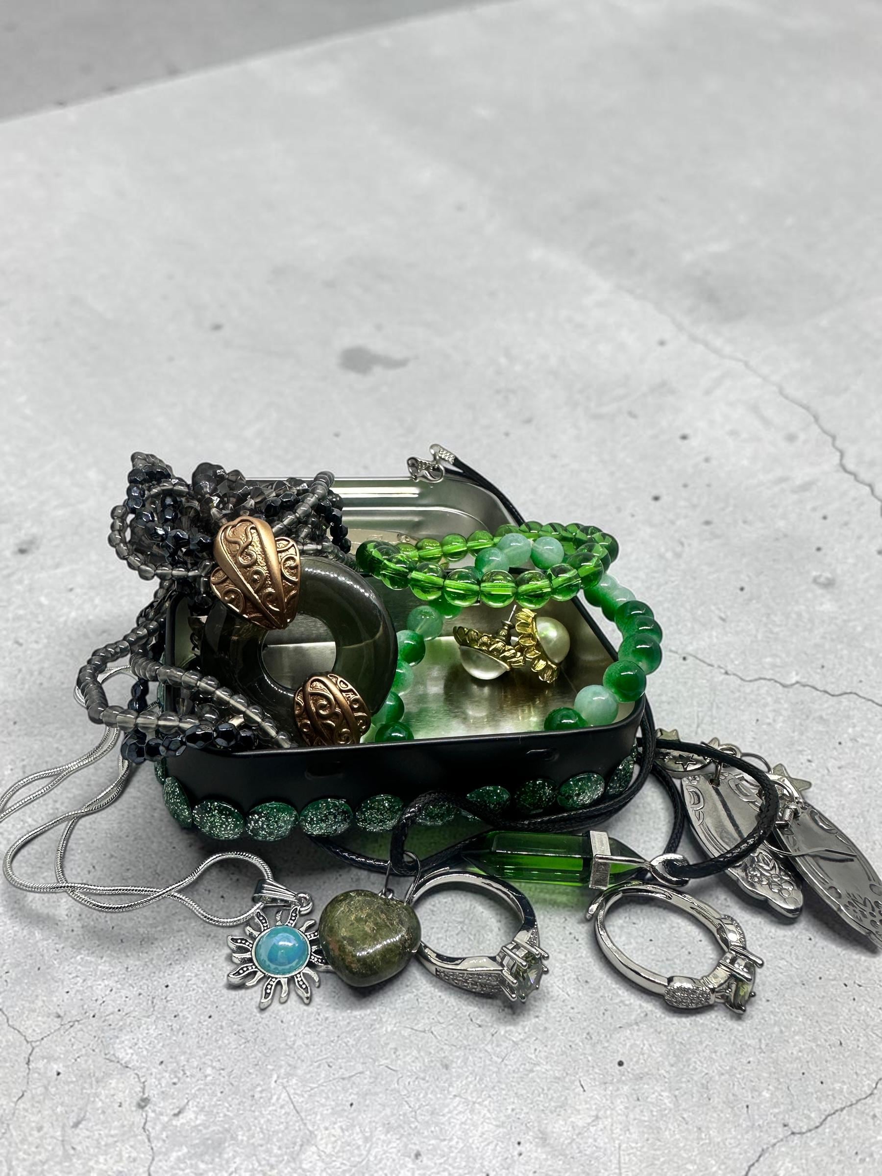 Hand-Decorated Vintage Jewelry Keepsake Tin – Green Rhinestone Trinket Box Mystery Assortment