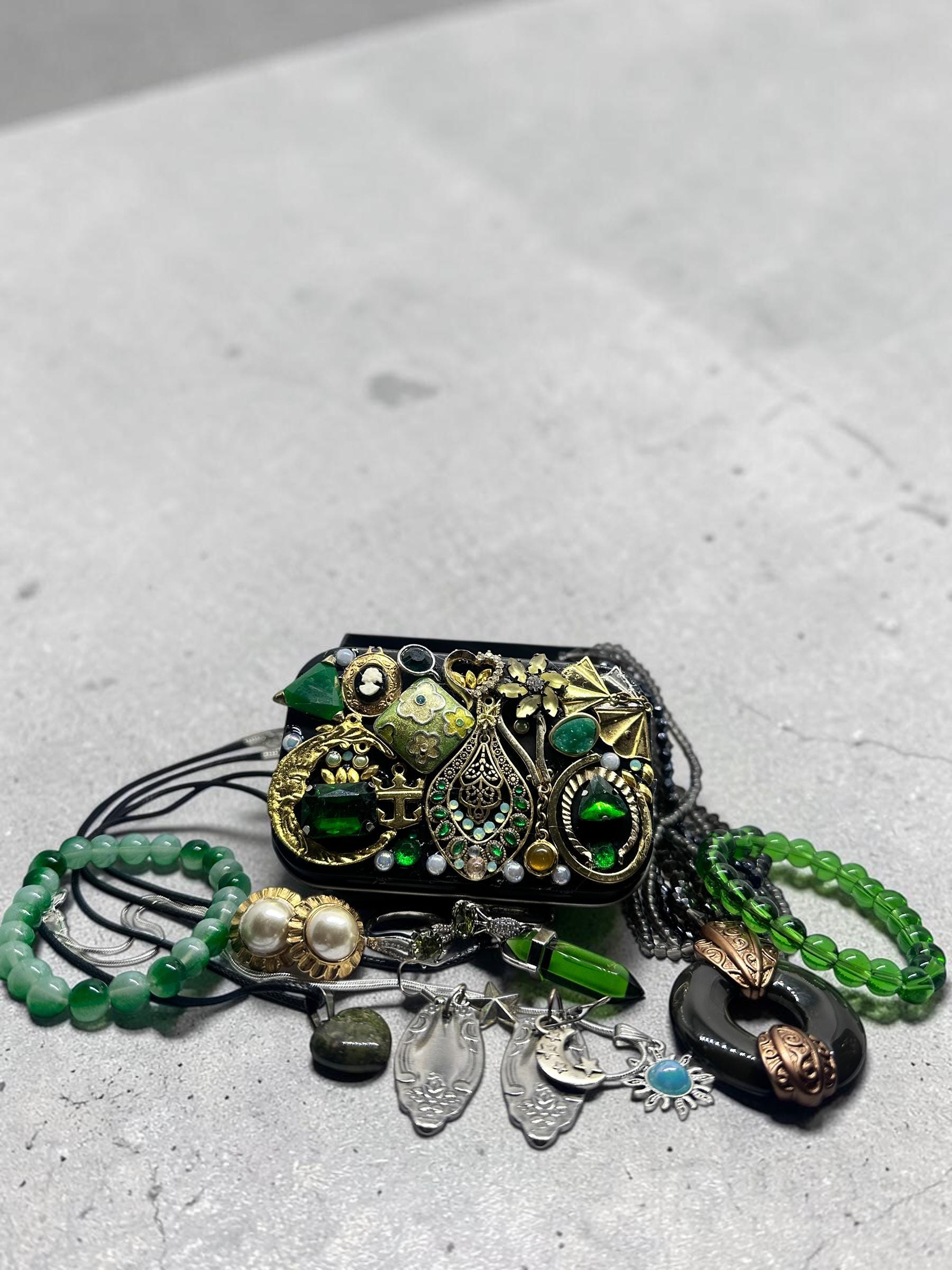 Hand-Decorated Vintage Jewelry Keepsake Tin – Green Rhinestone Trinket Box Mystery Assortment
