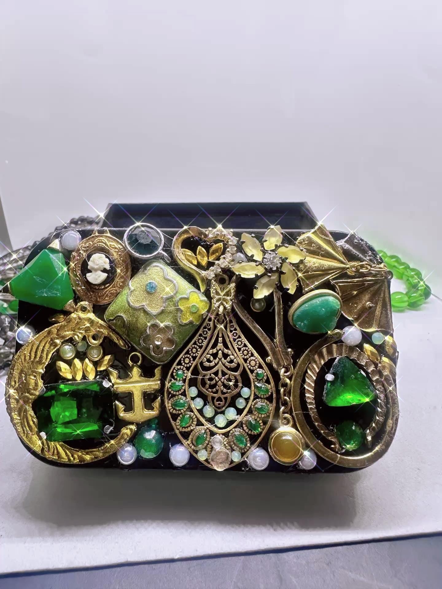 Hand-Decorated Vintage Jewelry Keepsake Tin – Green Rhinestone Trinket Box Mystery Assortment