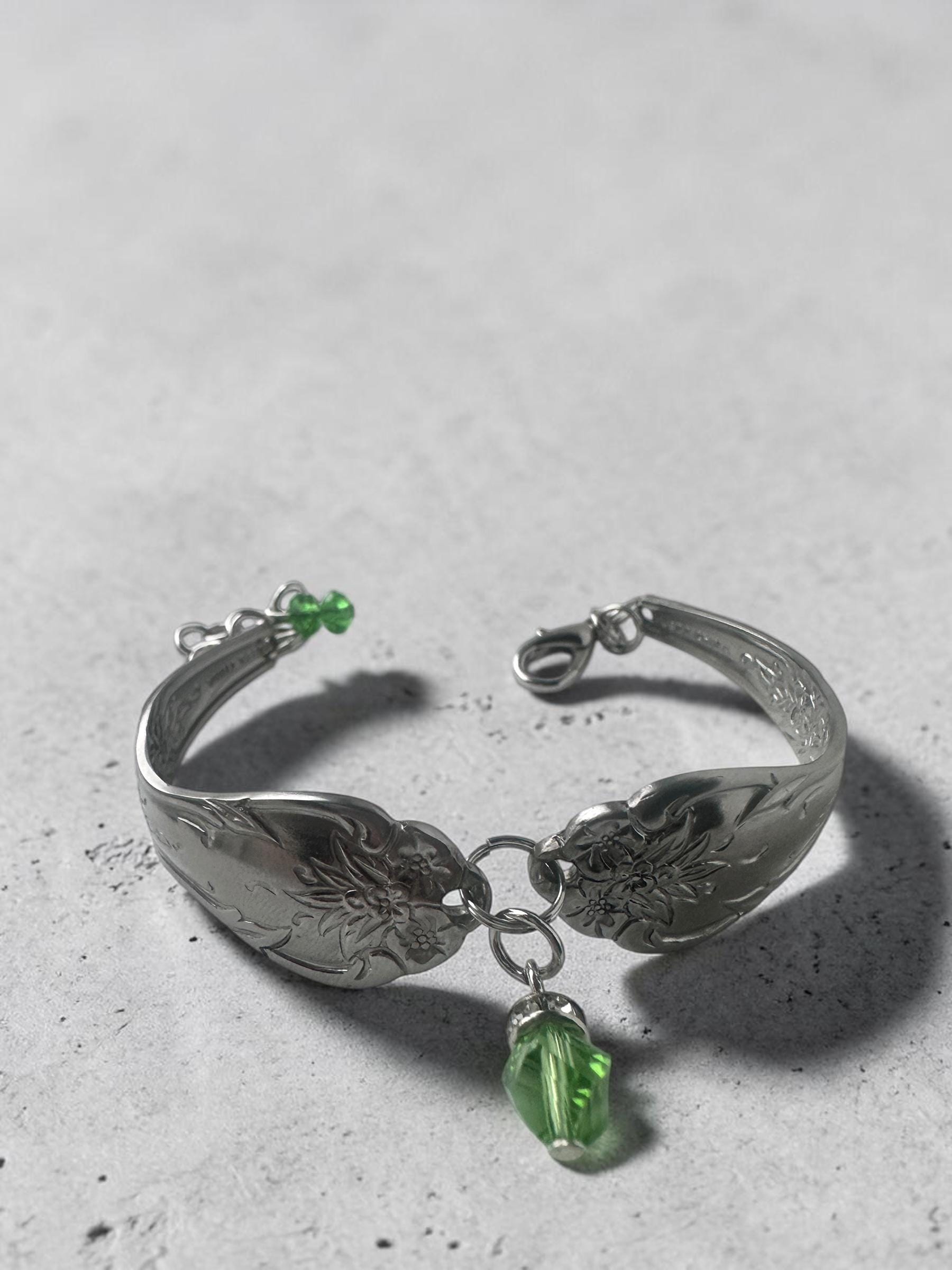 Spoon Jewelry Set upcycled  – Floral Engraved Ring & Bracelet with Green Crystal Accent