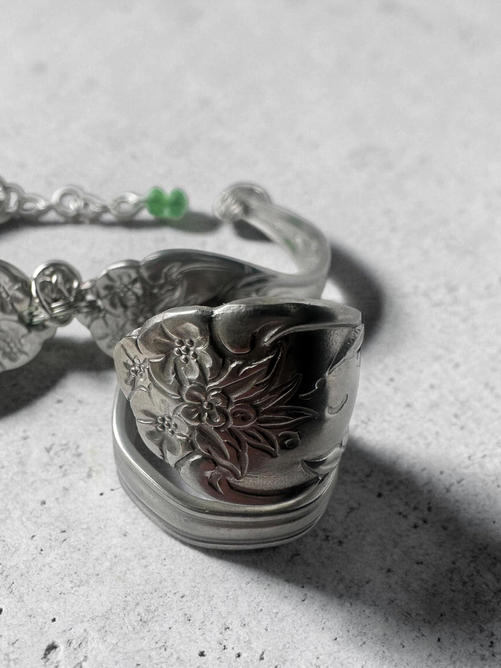 Spoon Jewelry Set upcycled  – Floral Engraved Ring & Bracelet with Green Crystal Accent