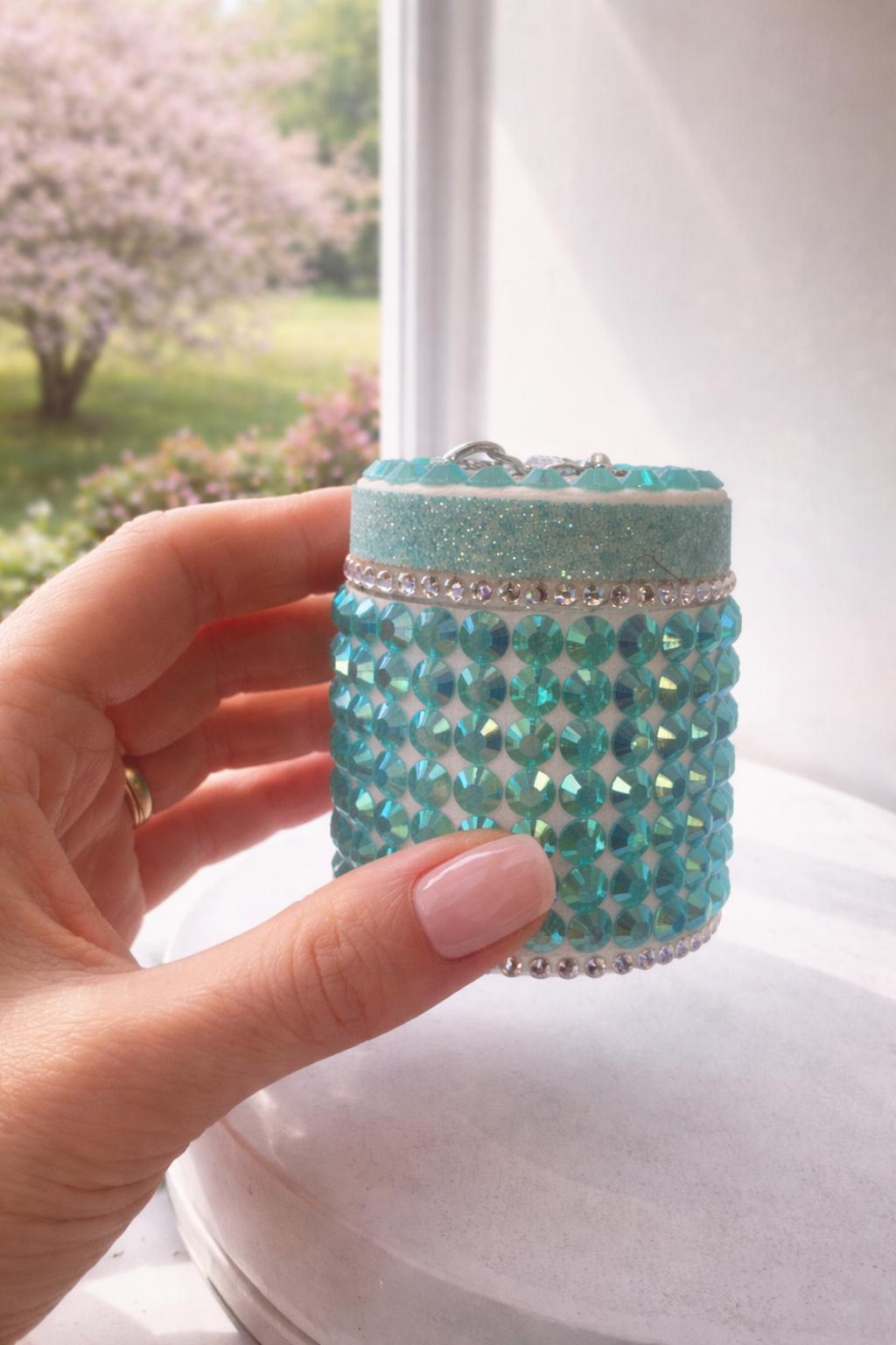 Handmade Crystal Jar, Rhinestone Vanity Organizer, Glam Bling Storage, Aqua Blue Moon Charm