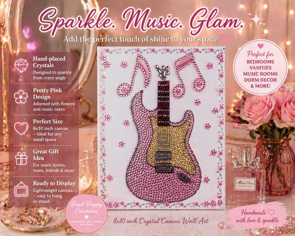 Canvas Wall Art pink Guitar wall art  – Bling Music Decor 8x10, Pop Star Inspired Room Decor, Sparkly Glam Aesthetic, Gift for Music Lovers