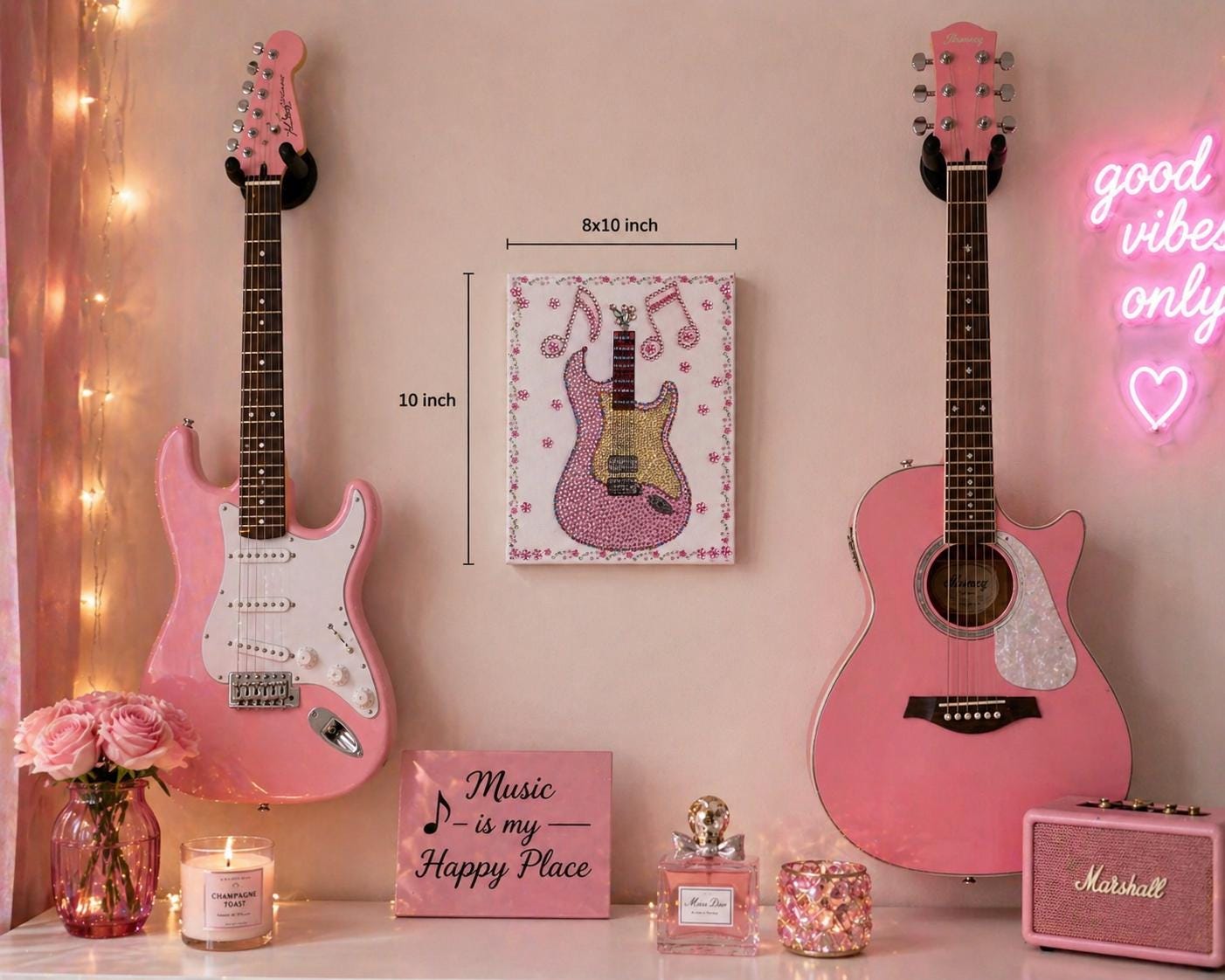 Canvas Wall Art pink Guitar wall art  – Bling Music Decor 8x10, Pop Star Inspired Room Decor, Sparkly Glam Aesthetic, Gift for Music Lovers