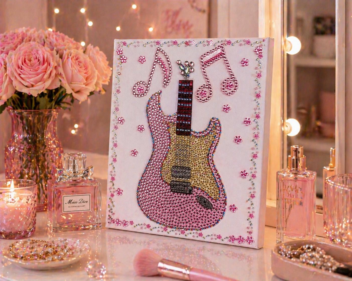 Canvas Wall Art pink Guitar wall art  – Bling Music Decor 8x10, Pop Star Inspired Room Decor, Sparkly Glam Aesthetic, Gift for Music Lovers