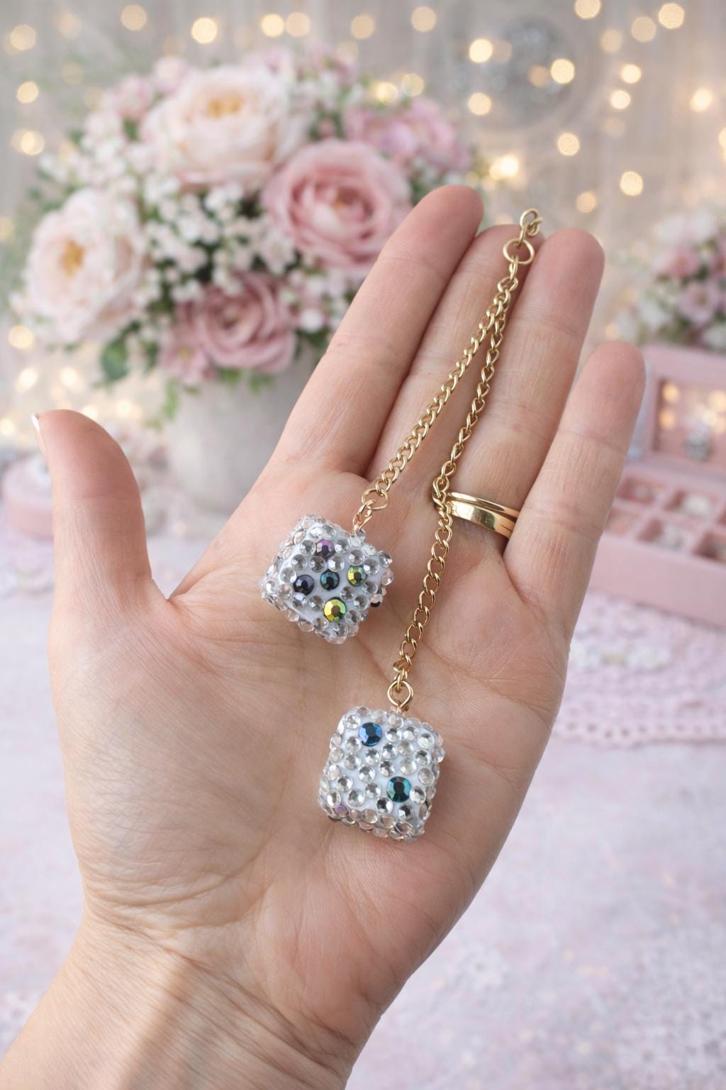 Bling Crystal Dice Charm – Dual Purpose ATM Card Grabber, Rear View Mirror Decor