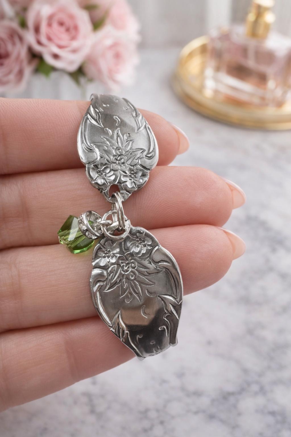 Spoon Jewelry Set upcycled  – Floral Engraved Ring & Bracelet with Green Crystal Accent