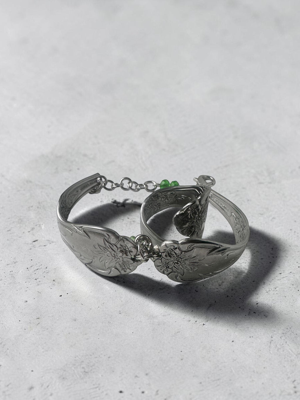 Spoon Jewelry Set upcycled  – Floral Engraved Ring & Bracelet with Green Crystal Accent