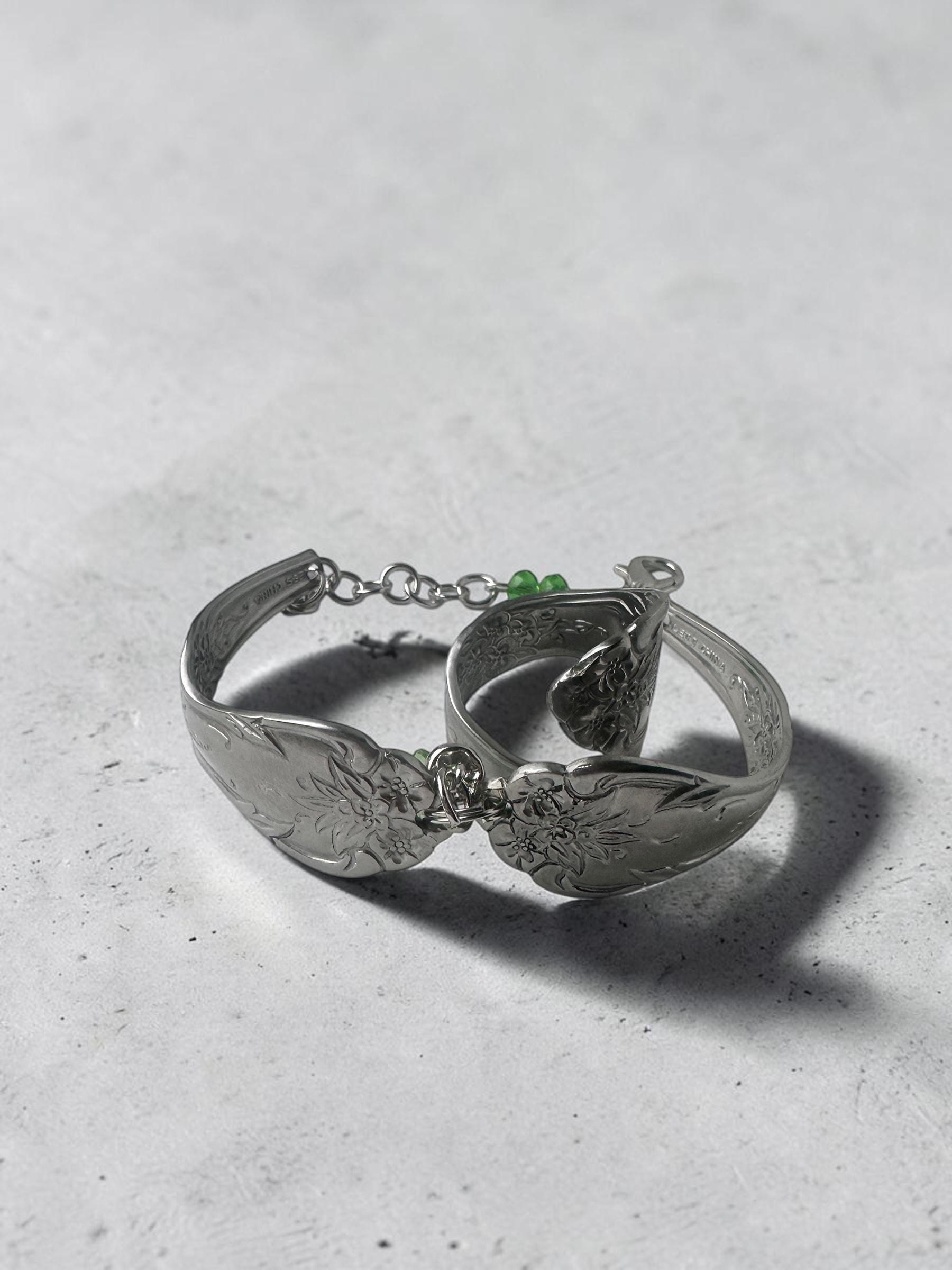 Spoon Jewelry Set upcycled  – Floral Engraved Ring & Bracelet with Green Crystal Accent
