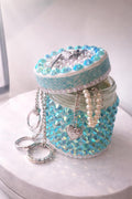 Handmade Crystal Jar, Rhinestone Vanity Organizer, Glam Bling Storage, Aqua Blue Moon Charm