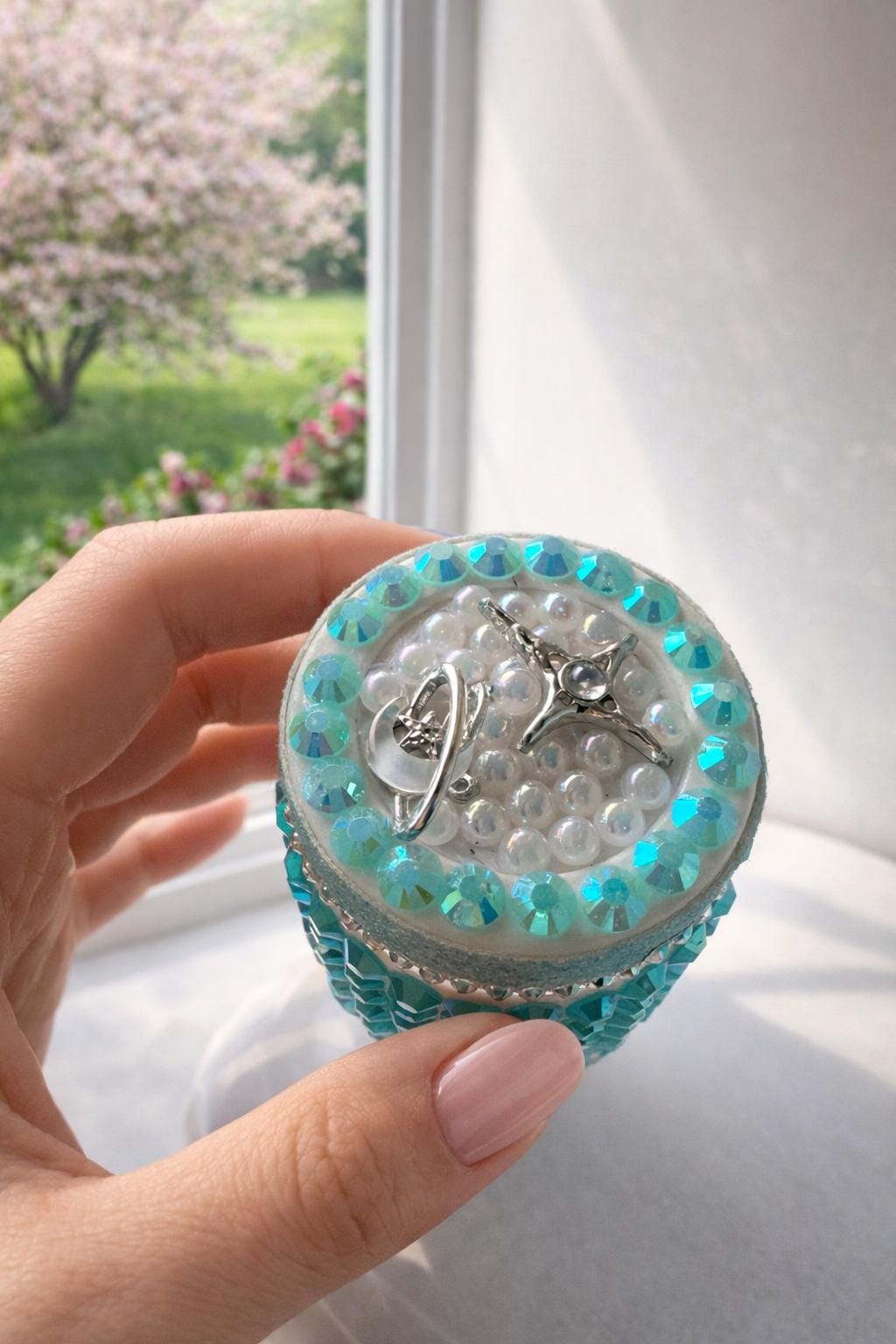 Handmade Crystal Jar, Rhinestone Vanity Organizer, Glam Bling Storage, Aqua Blue Moon Charm
