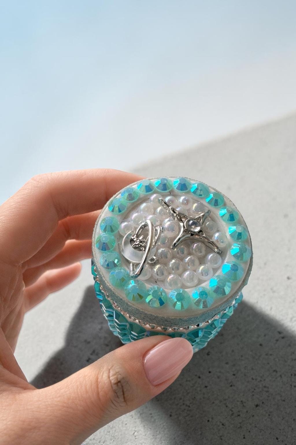 Handmade Crystal Jar, Rhinestone Vanity Organizer, Glam Bling Storage, Aqua Blue Moon Charm