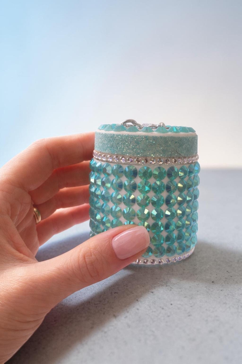 Handmade Crystal Jar, Rhinestone Vanity Organizer, Glam Bling Storage, Aqua Blue Moon Charm