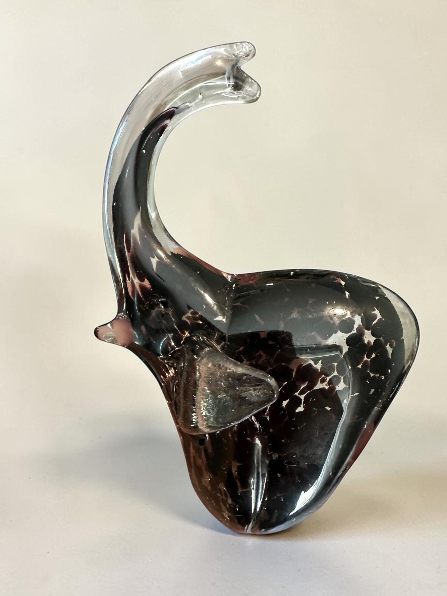 Vintage Murano Style Glass Elephant Figurine – Black Spotted Art Glass Sculpture – Hand Blown Elephant Decor – Collectible Glass Animal