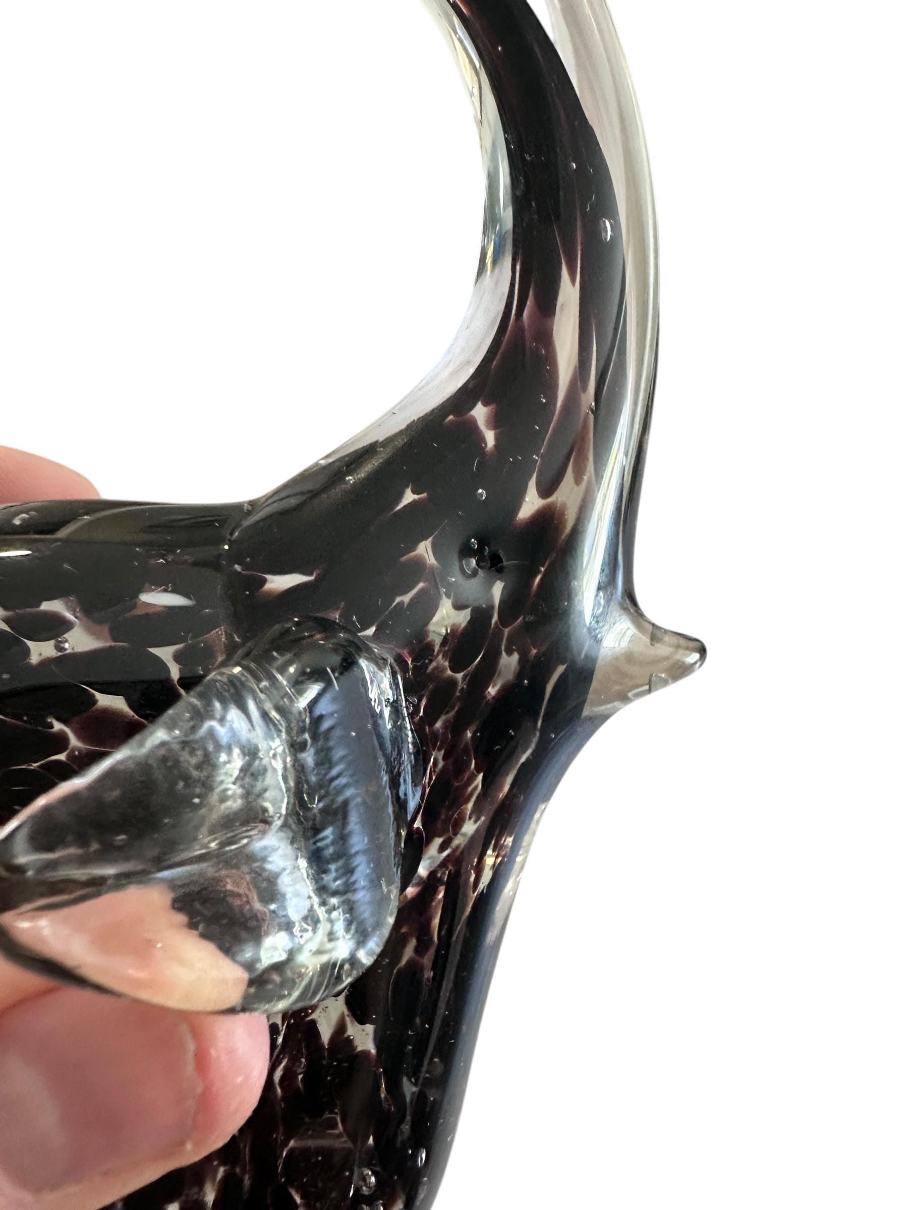 Vintage Murano Style Glass Elephant Figurine – Black Spotted Art Glass Sculpture – Hand Blown Elephant Decor – Collectible Glass Animal