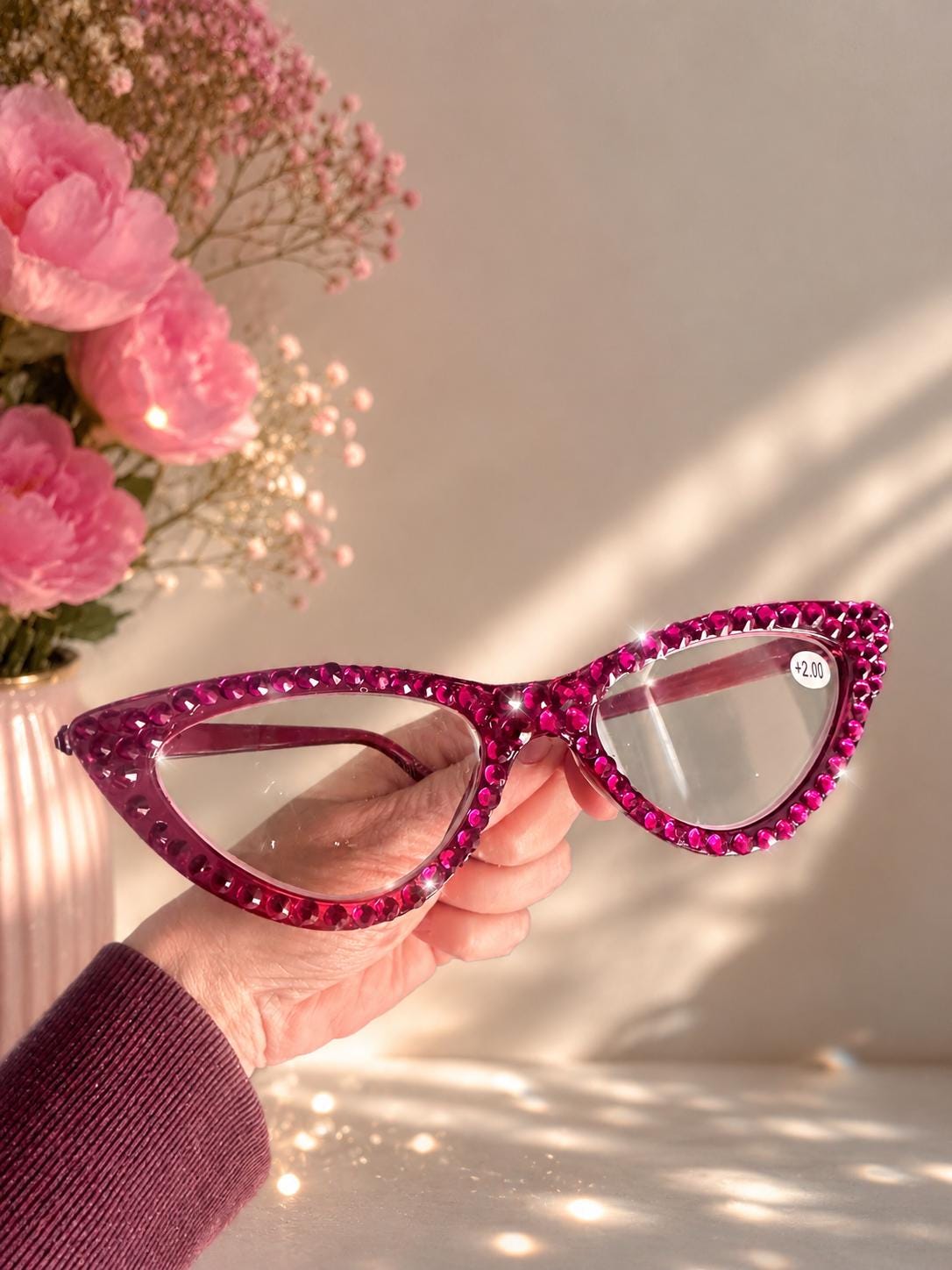 Handmade Hot Pink Crystal Cat Eye Reading Glasses +2.00 Bling Readers Fashion Accessory
