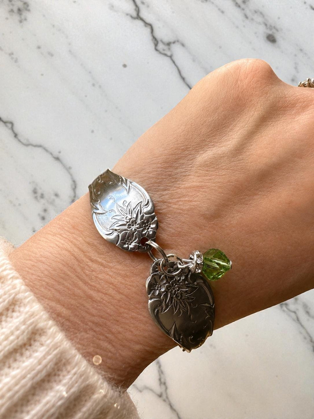 Vintage Spoon Bracelet adjustable  – Stainless Steel Floral Spoon Jewelry with Genuine Green Aventurine Crystal Charm