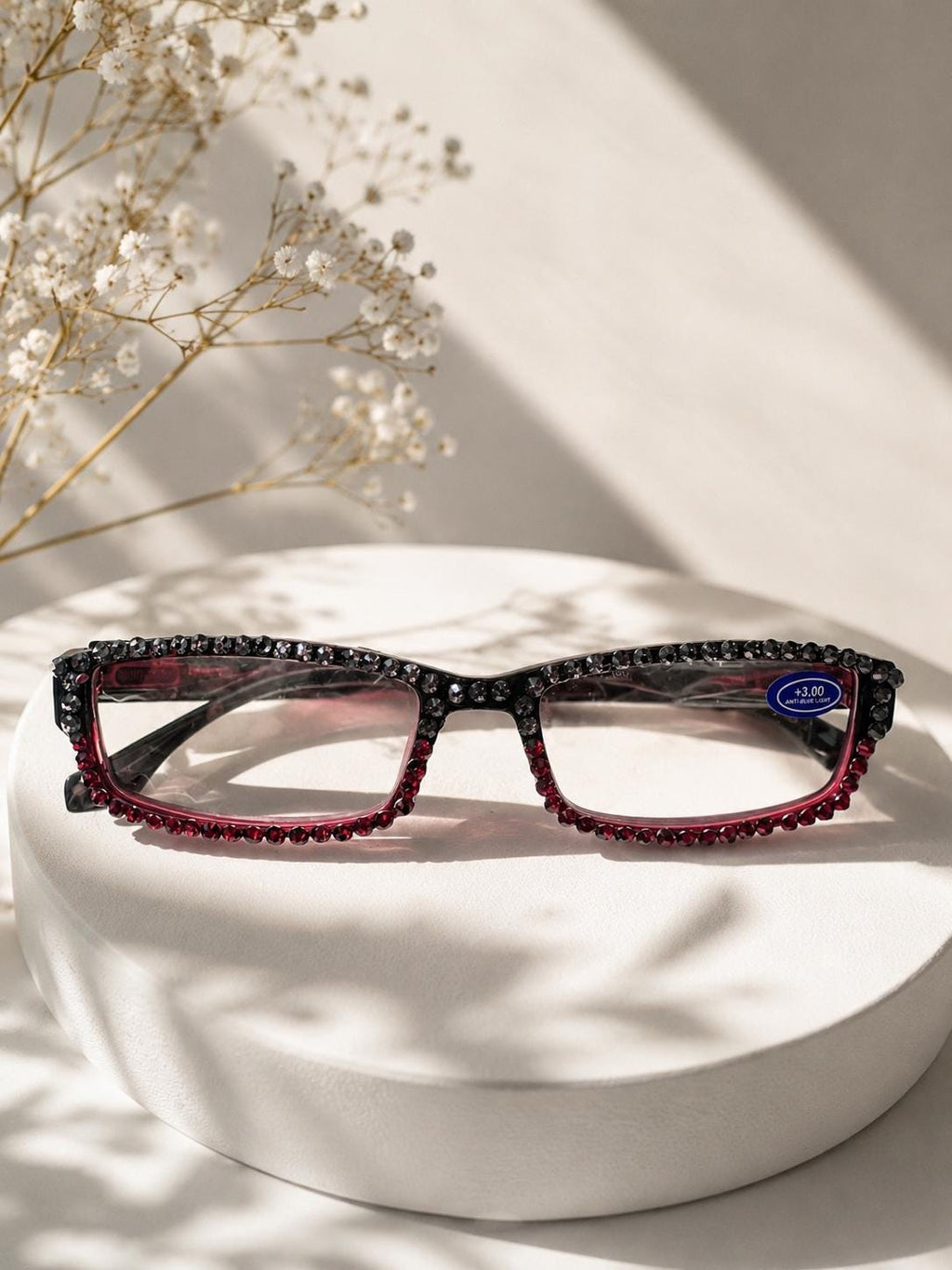 European Crystal Reading Glasses – Bling Rhinestone Readers +3.00 (Red/Dark Silver)