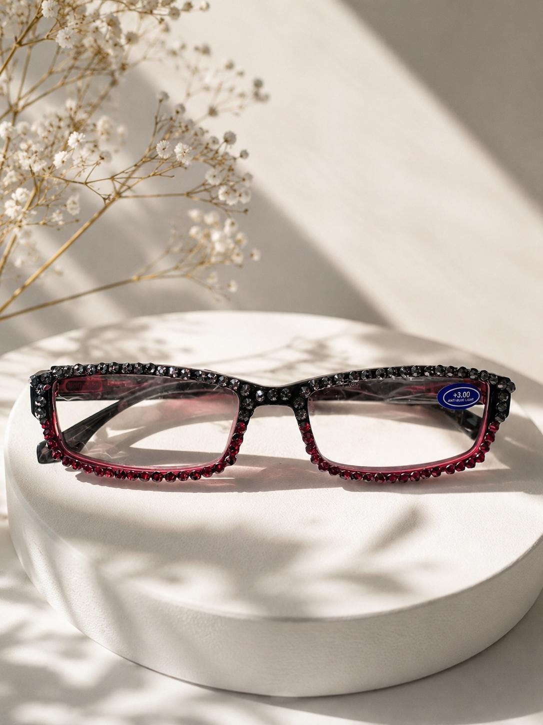 European Crystal Reading Glasses – Bling Rhinestone Readers +3.00 (Red/Dark Silver)