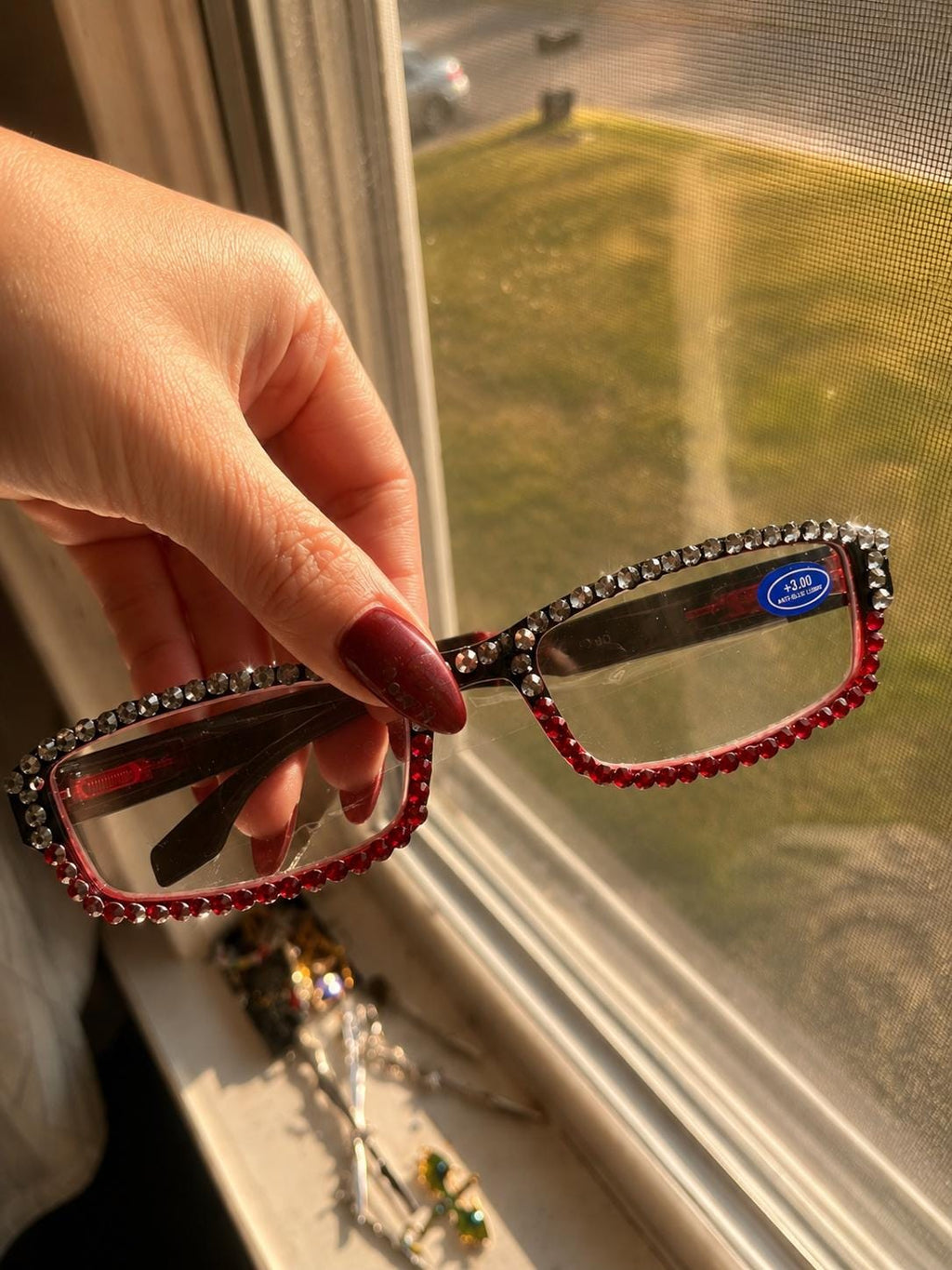 European Crystal Reading Glasses – Bling Rhinestone Readers +3.00 (Red/Dark Silver)