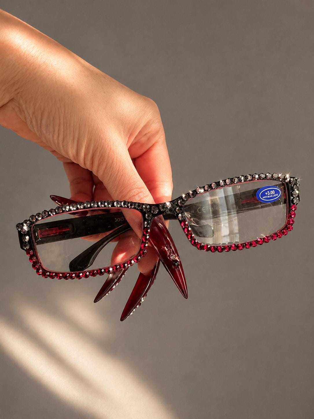European Crystal Reading Glasses – Bling Rhinestone Readers +3.00 (Red/Dark Silver)