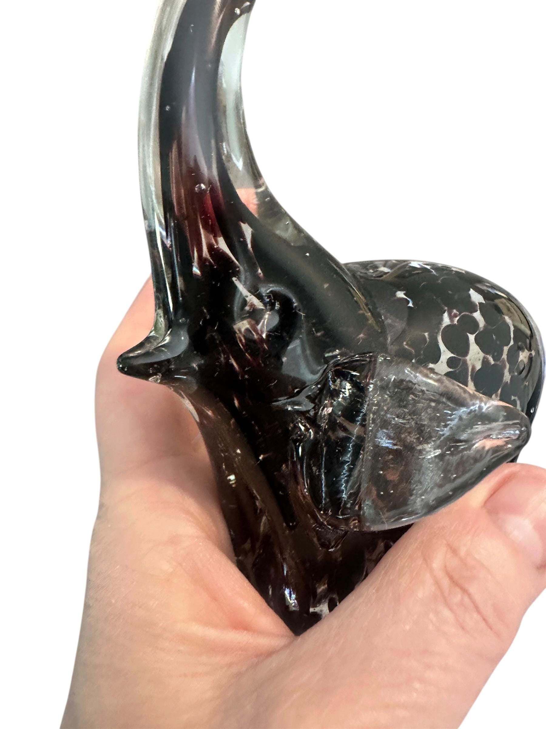 Vintage Murano Style Glass Elephant Figurine – Black Spotted Art Glass Sculpture – Hand Blown Elephant Decor – Collectible Glass Animal