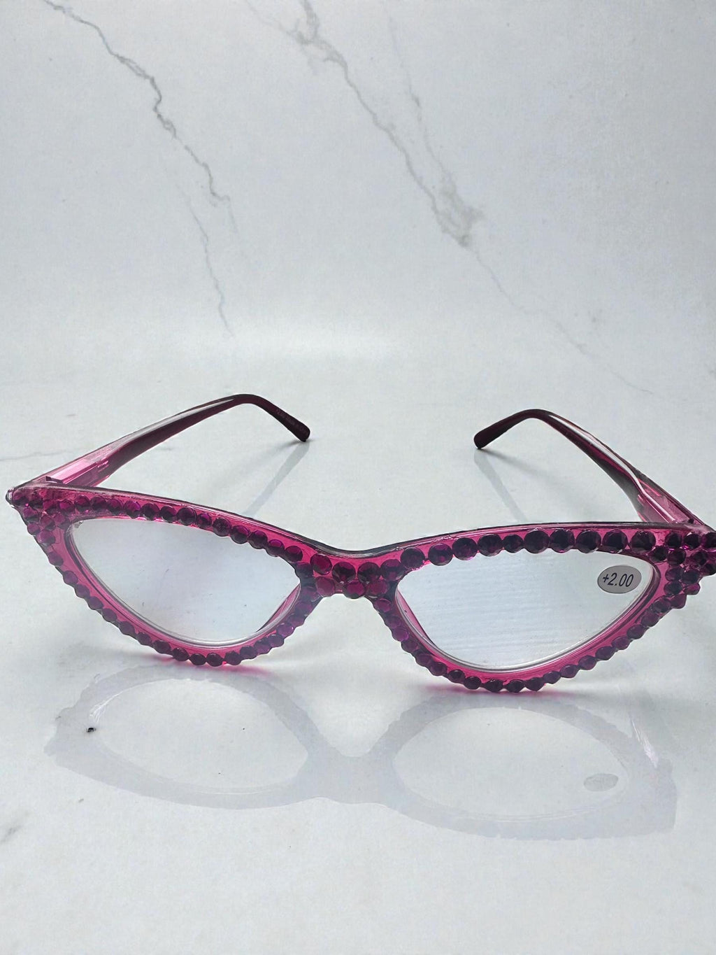 Handmade Hot Pink Crystal Cat Eye Reading Glasses +2.00 Bling Readers Fashion Accessory