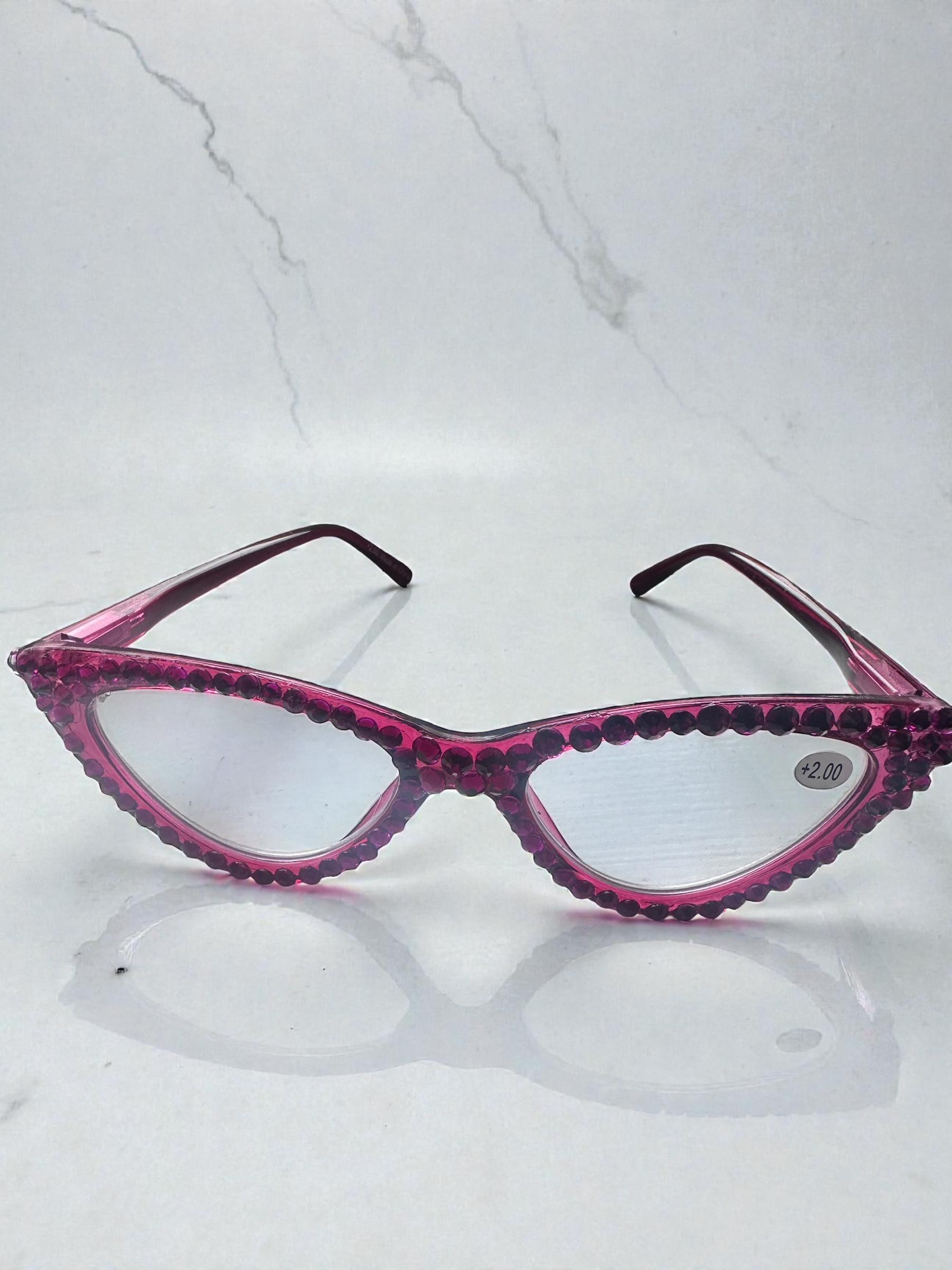 Handmade Hot Pink Crystal Cat Eye Reading Glasses +2.00 Bling Readers Fashion Accessory