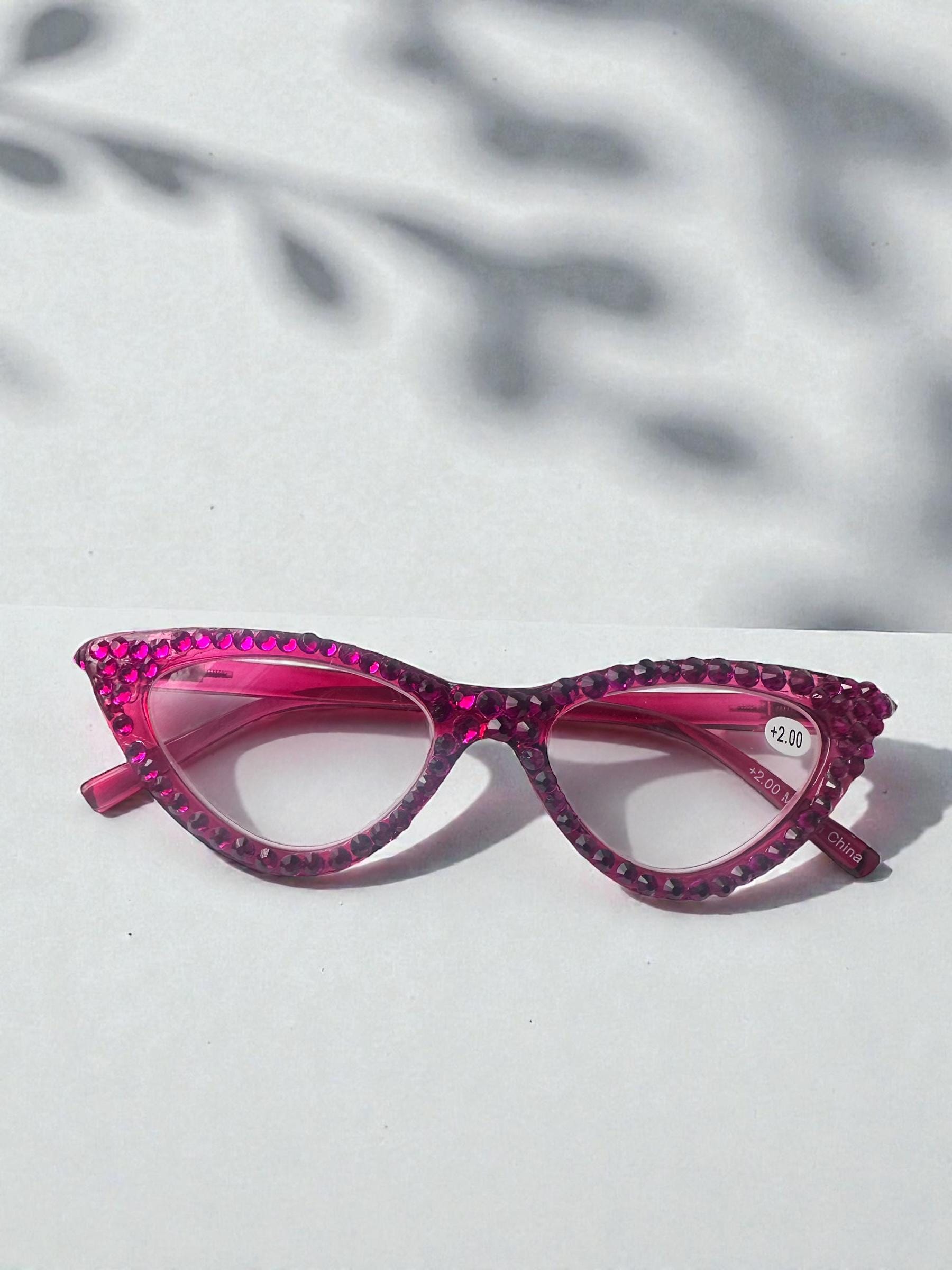 Handmade Hot Pink Crystal Cat Eye Reading Glasses +2.00 Bling Readers Fashion Accessory