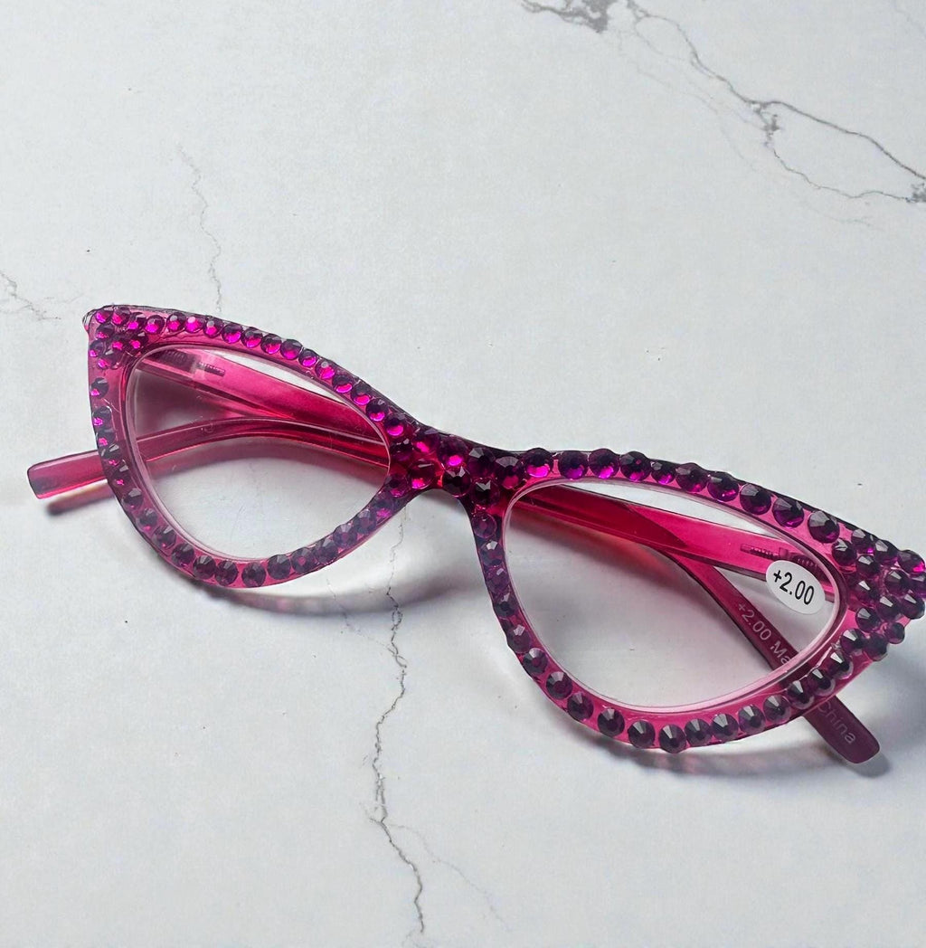 Handmade Hot Pink Crystal Cat Eye Reading Glasses +2.00 Bling Readers Fashion Accessory