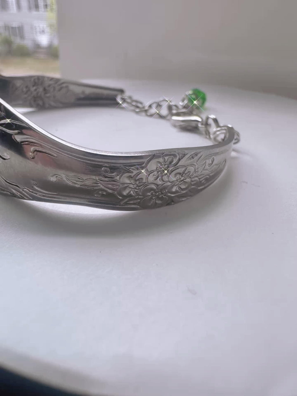 Vintage Spoon Bracelet adjustable  – Stainless Steel Floral Spoon Jewelry with Genuine Green Aventurine Crystal Charm