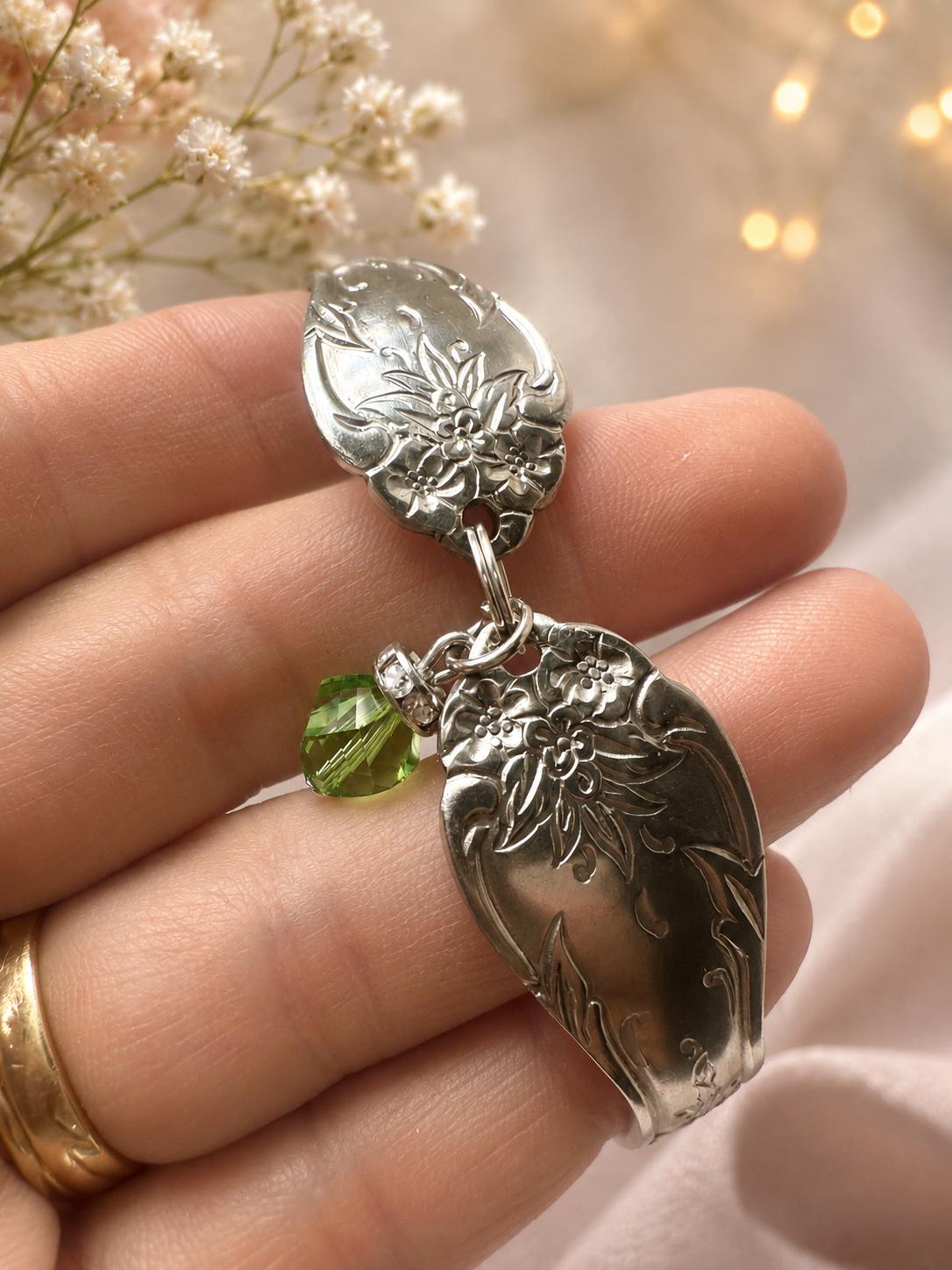 Vintage Spoon Bracelet adjustable  – Stainless Steel Floral Spoon Jewelry with Genuine Green Aventurine Crystal Charm