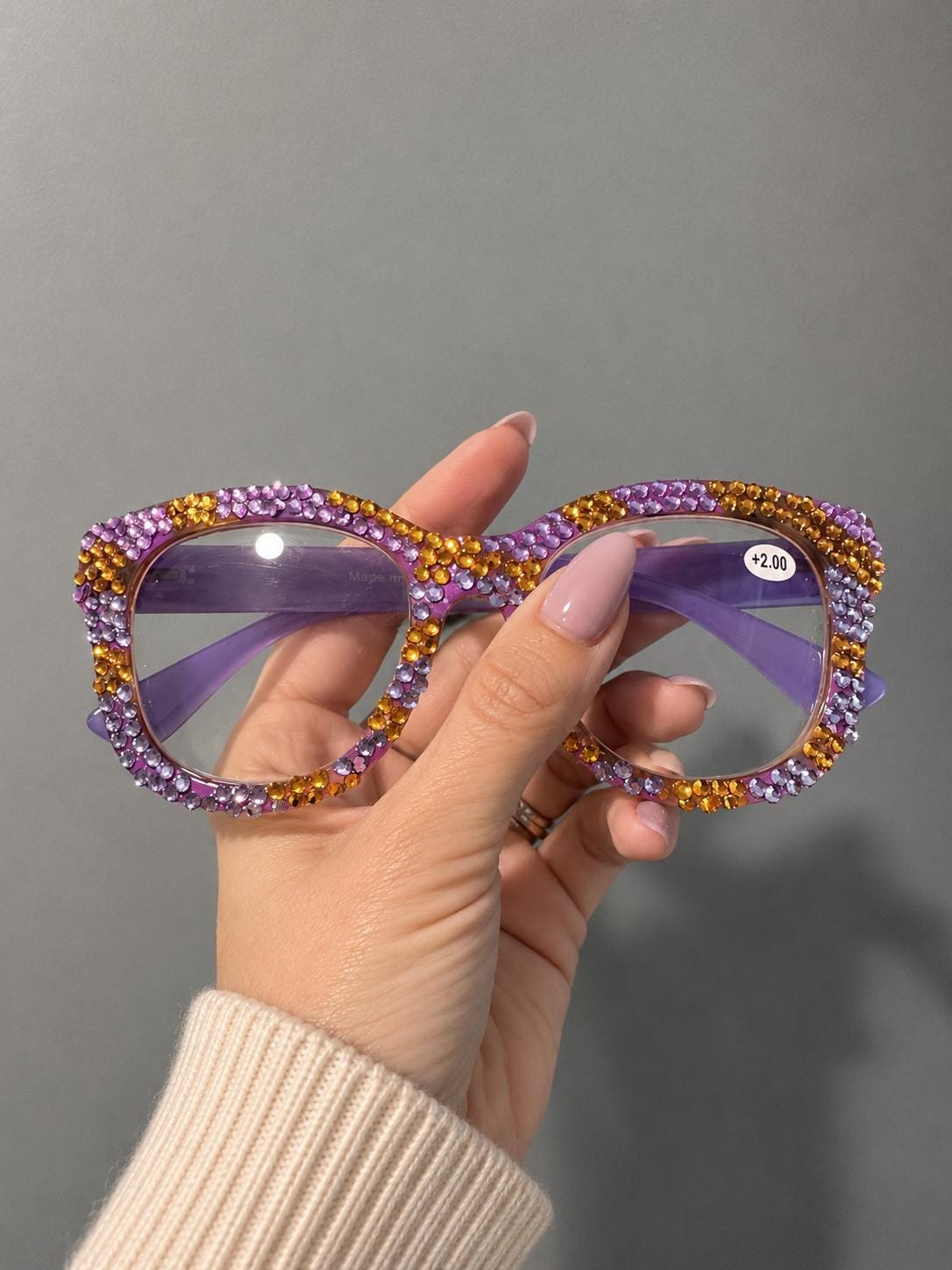Handmade Crystal Reading Glasses – Purple Gold Bling Rhinestone Readers (+2.00)