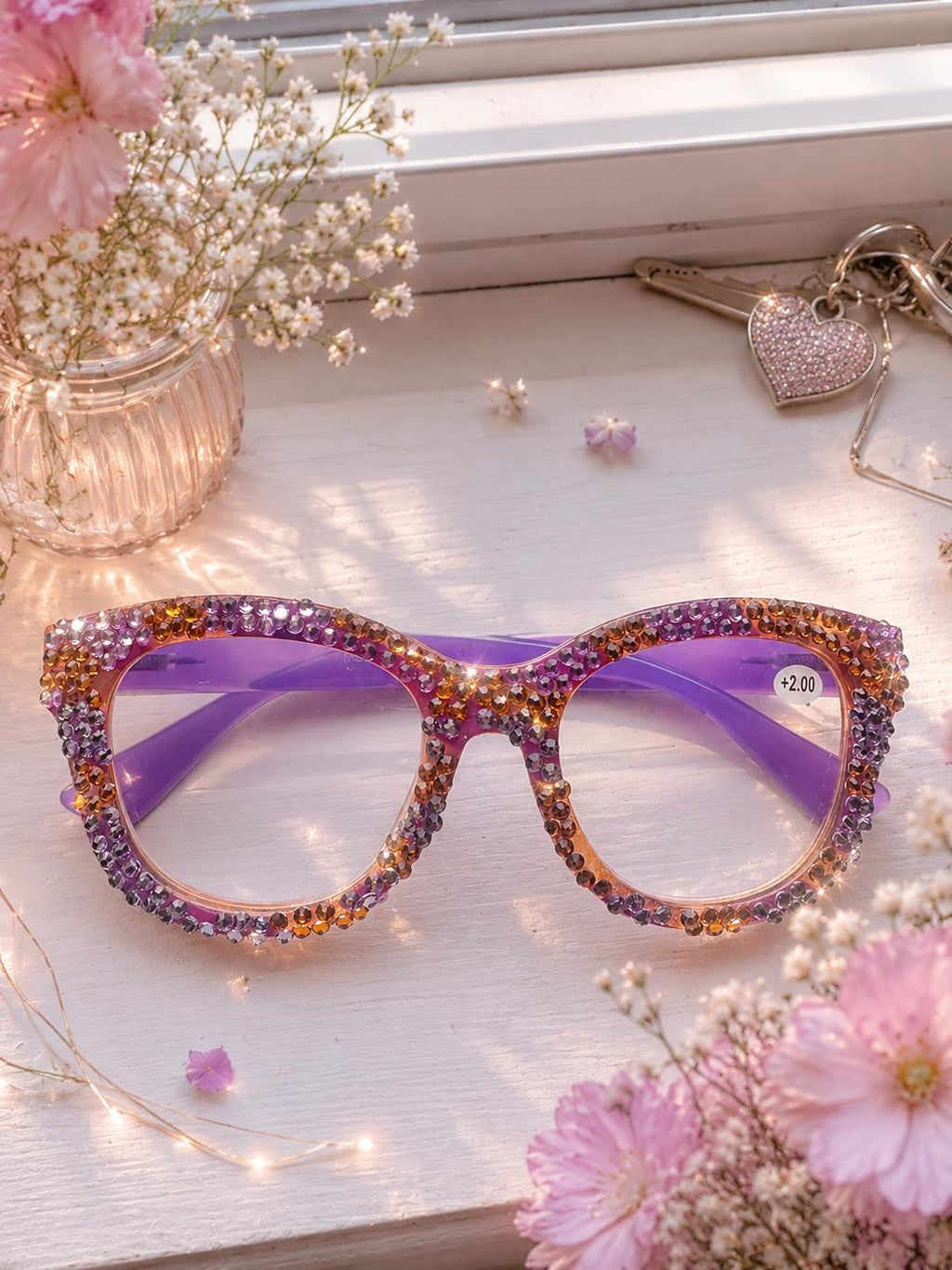 Handmade Crystal Reading Glasses – Purple Gold Bling Rhinestone Readers (+2.00)