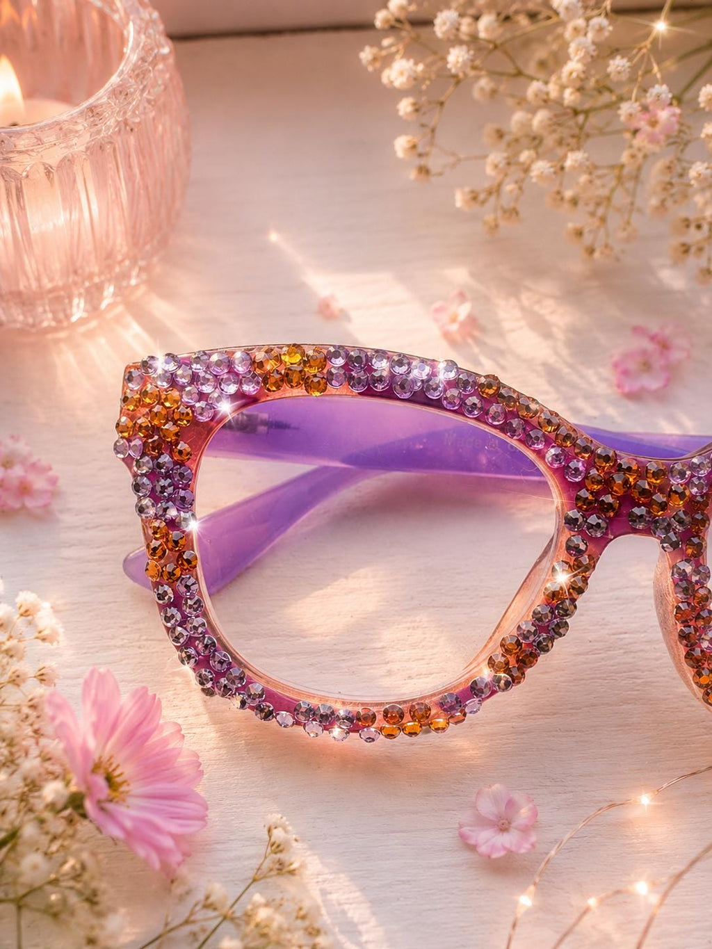 Handmade Crystal Reading Glasses – Purple Gold Bling Rhinestone Readers (+2.00)