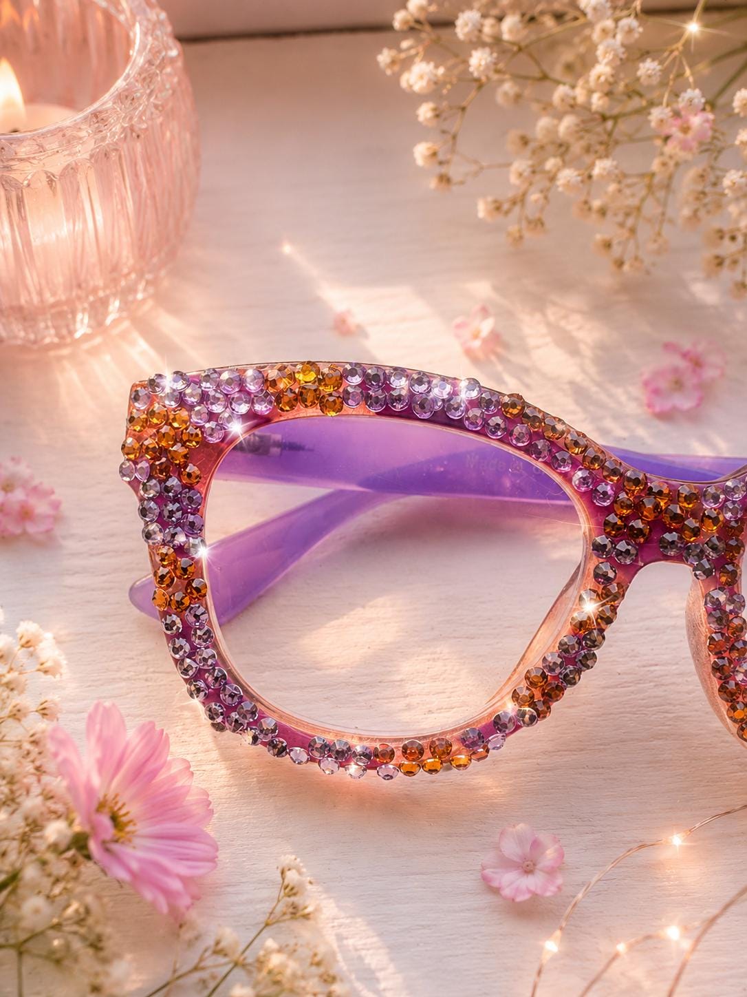 Handmade Crystal Reading Glasses – Purple Gold Bling Rhinestone Readers (+2.00)