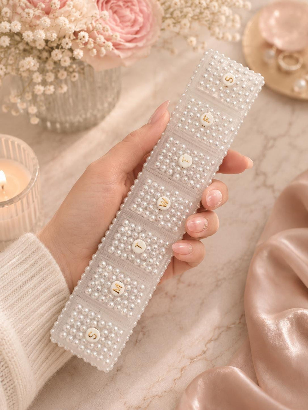 Personalized Pearl Pill Case – Custom Initial Medicine Organizer – Rhinestone Pearl Pill Box – Travel Medication Holder – Gift for Her