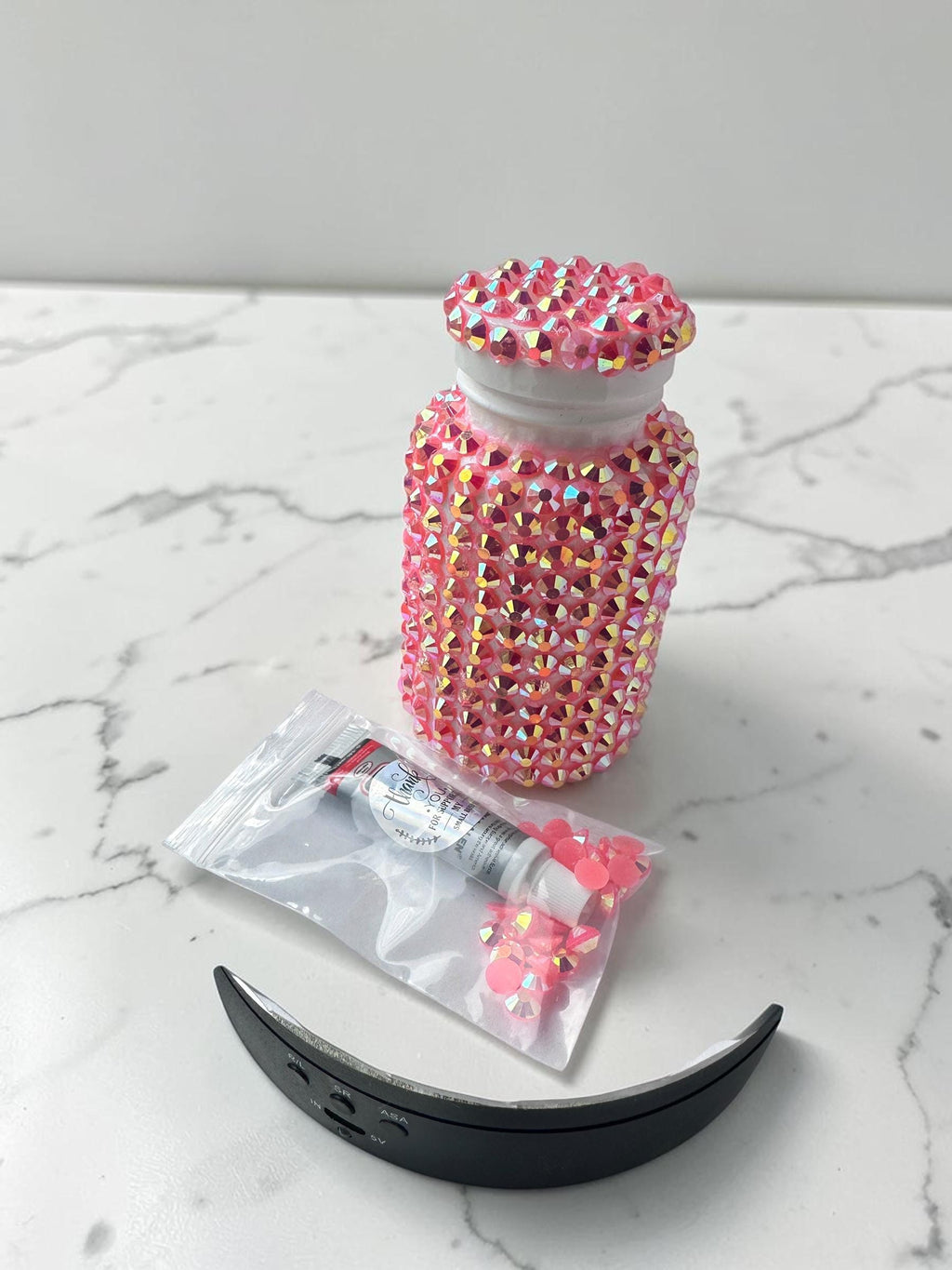 Bling Pill Bottle with Free Crystal Repair Kit | Light Pink AB Rhinestones | Sparkly Pill Case | Glam Medication Holder