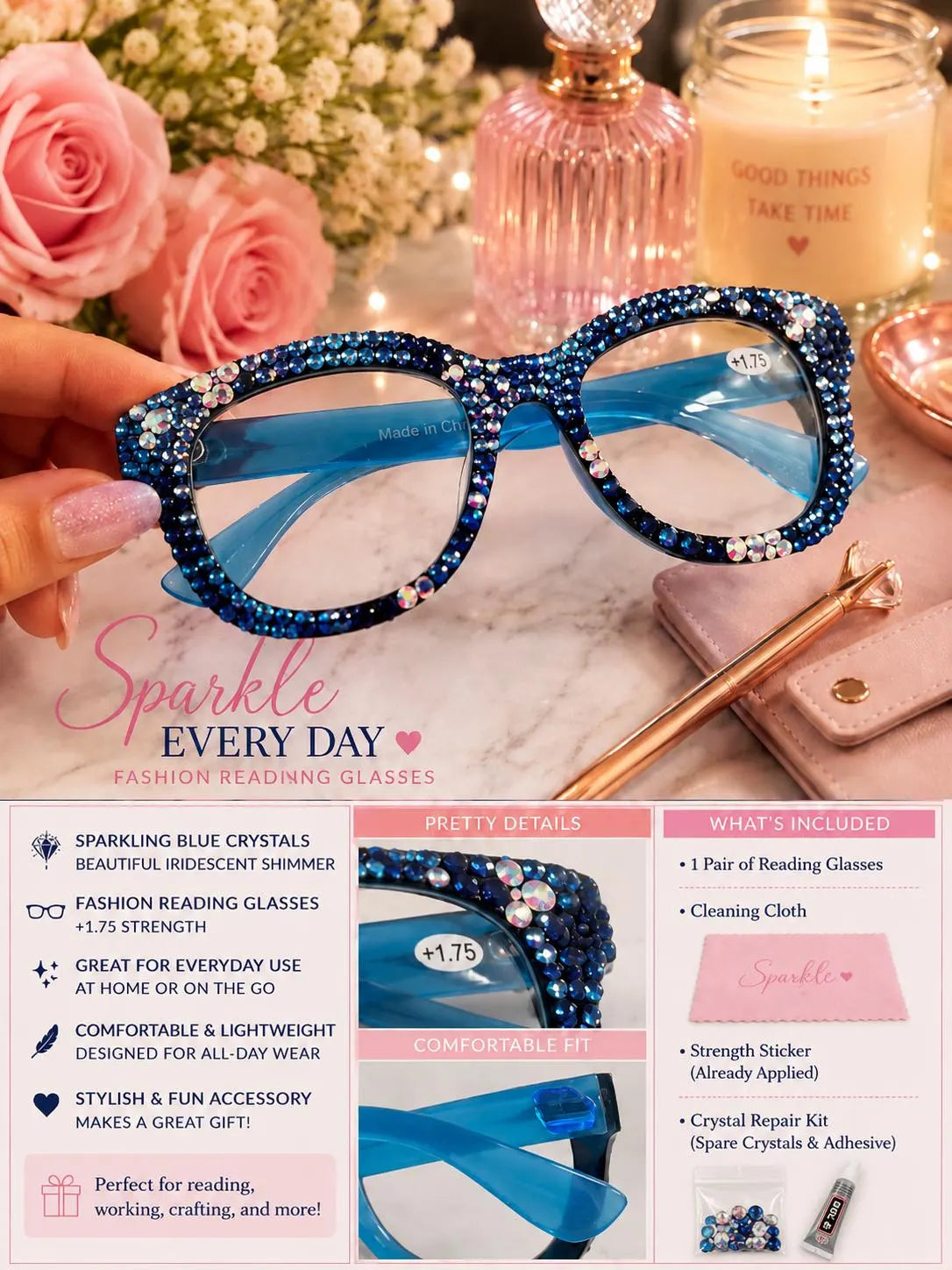 Blue Crystal Bling Reading Glasses | Sparkly Readers +1.75 | Rhinestone Eyeglasses | Includes Free Crystal Repair Kit