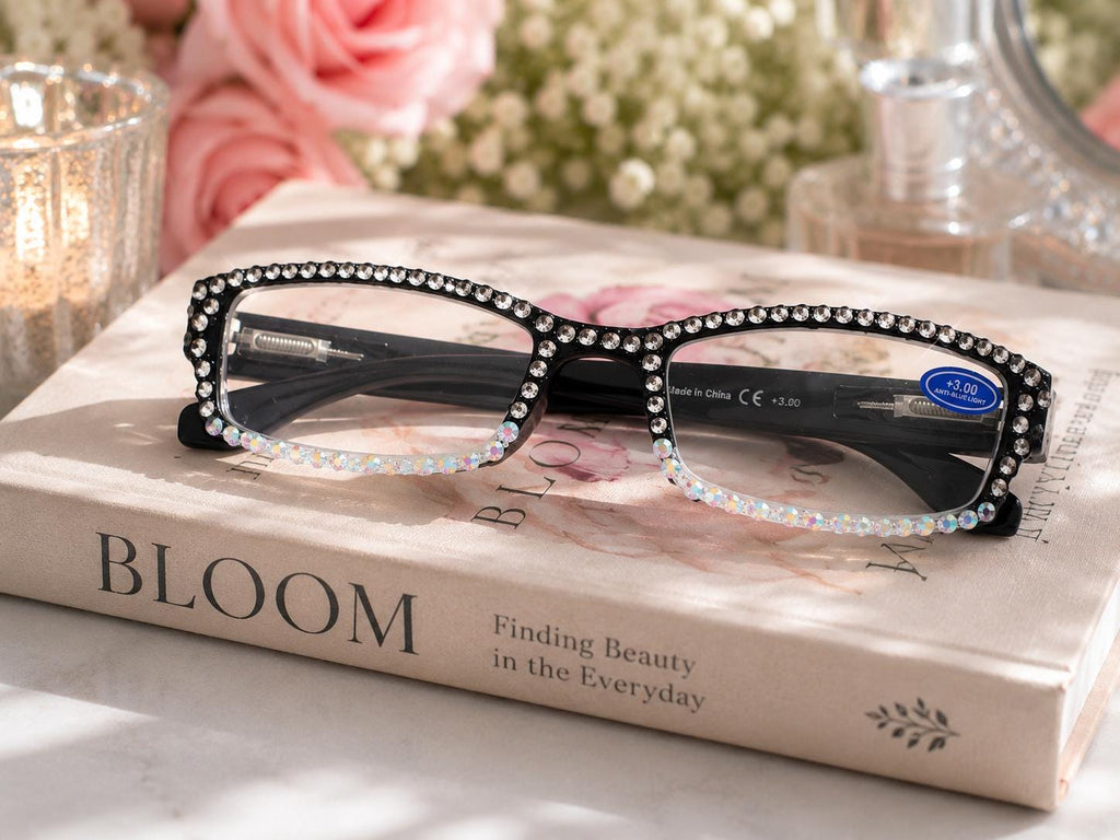 Black Crystal Bling Reading Glasses | AB Rhinestone Readers | Glam Reading Glasses | Sparkly Anti-Blue Light Eyewear | +3.00 Reader