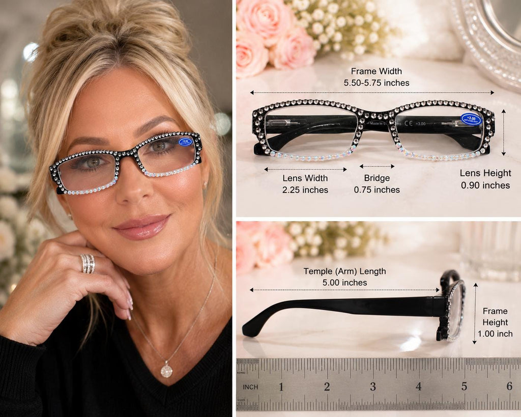 Black Crystal Bling Reading Glasses | AB Rhinestone Readers | Glam Reading Glasses | Sparkly Anti-Blue Light Eyewear | +3.00 Reader