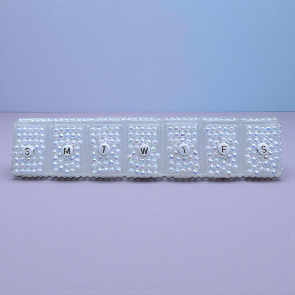 Personalized Pearl Pill Case – Custom Initial Medicine Organizer – Rhinestone Pearl Pill Box – Travel Medication Holder – Gift for Her