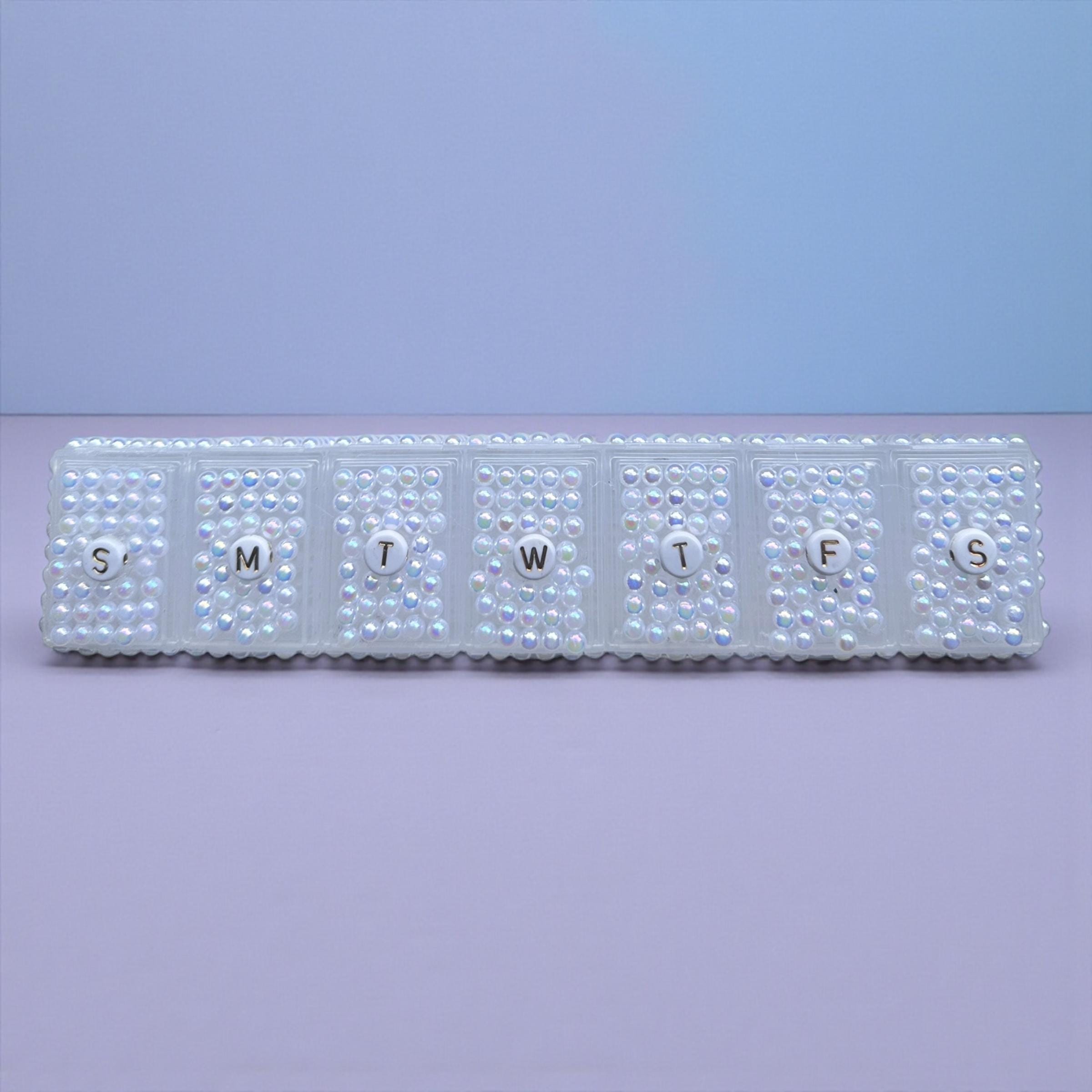 Personalized Pearl Pill Case – Custom Initial Medicine Organizer – Rhinestone Pearl Pill Box – Travel Medication Holder – Gift for Her