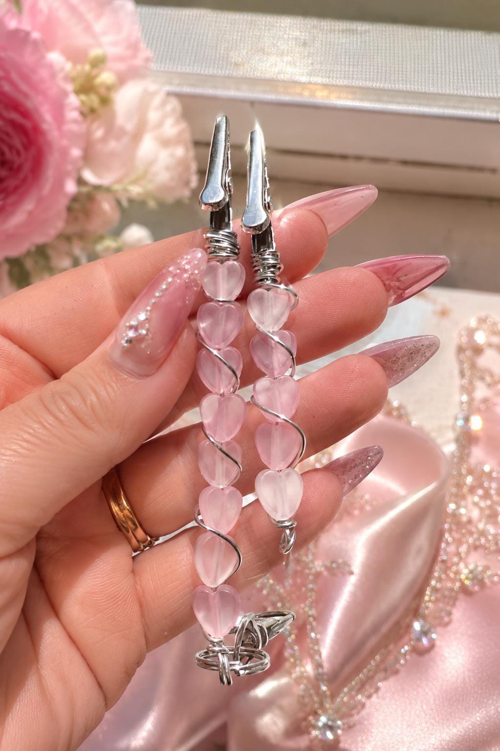 Rose Quartz Heart ATM Card Clip Set, Bracelet Helper Set of 2, Long Nail Helper, Card Grabber, Purse Charm, Pink Heart Gift