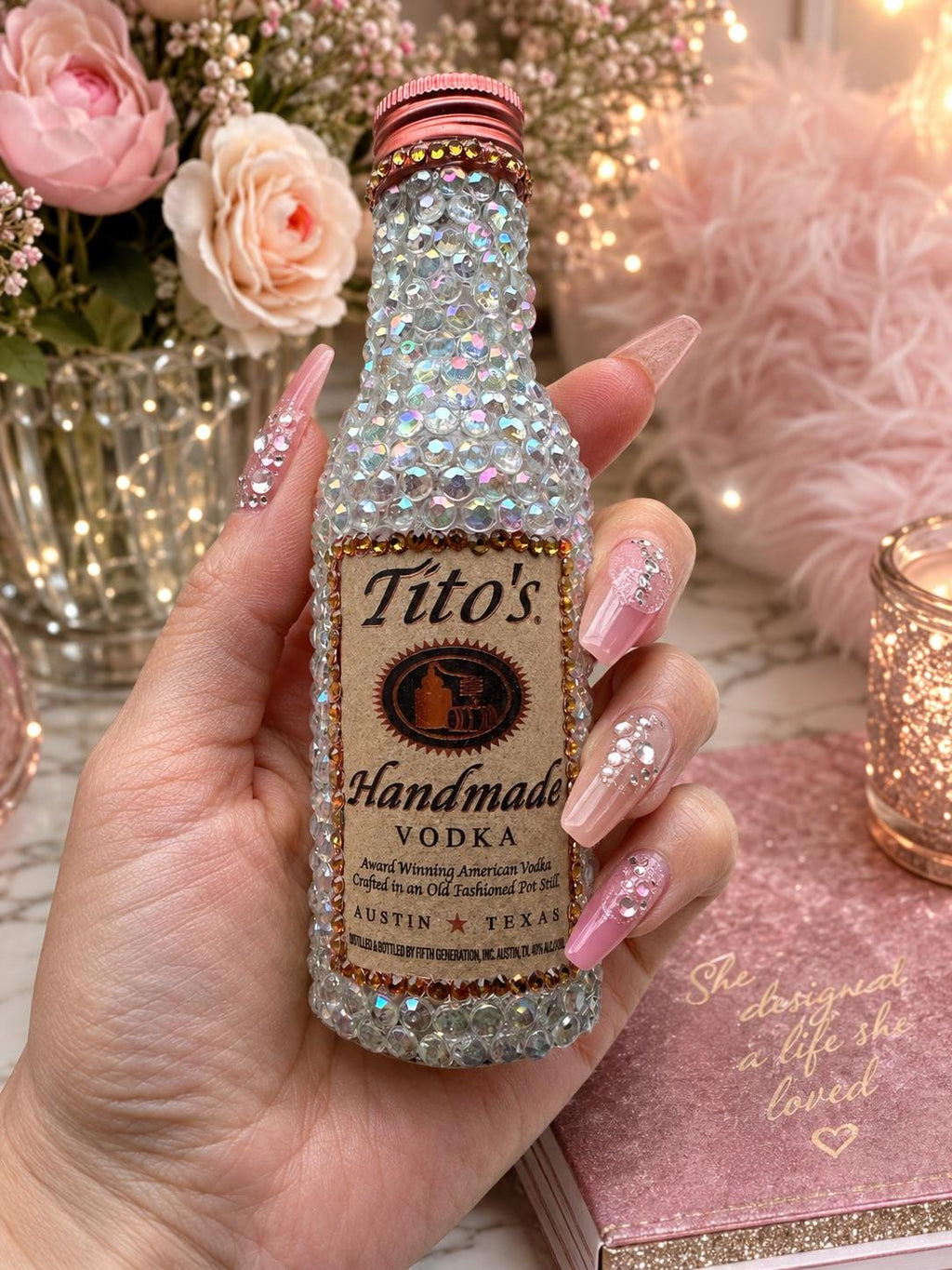 Bling Tito’s  100 mL Decanter Container – Empty Rhinestone Bottle – Handmade Crystal Covered bottle with repair kit  – Sparkly bar decor