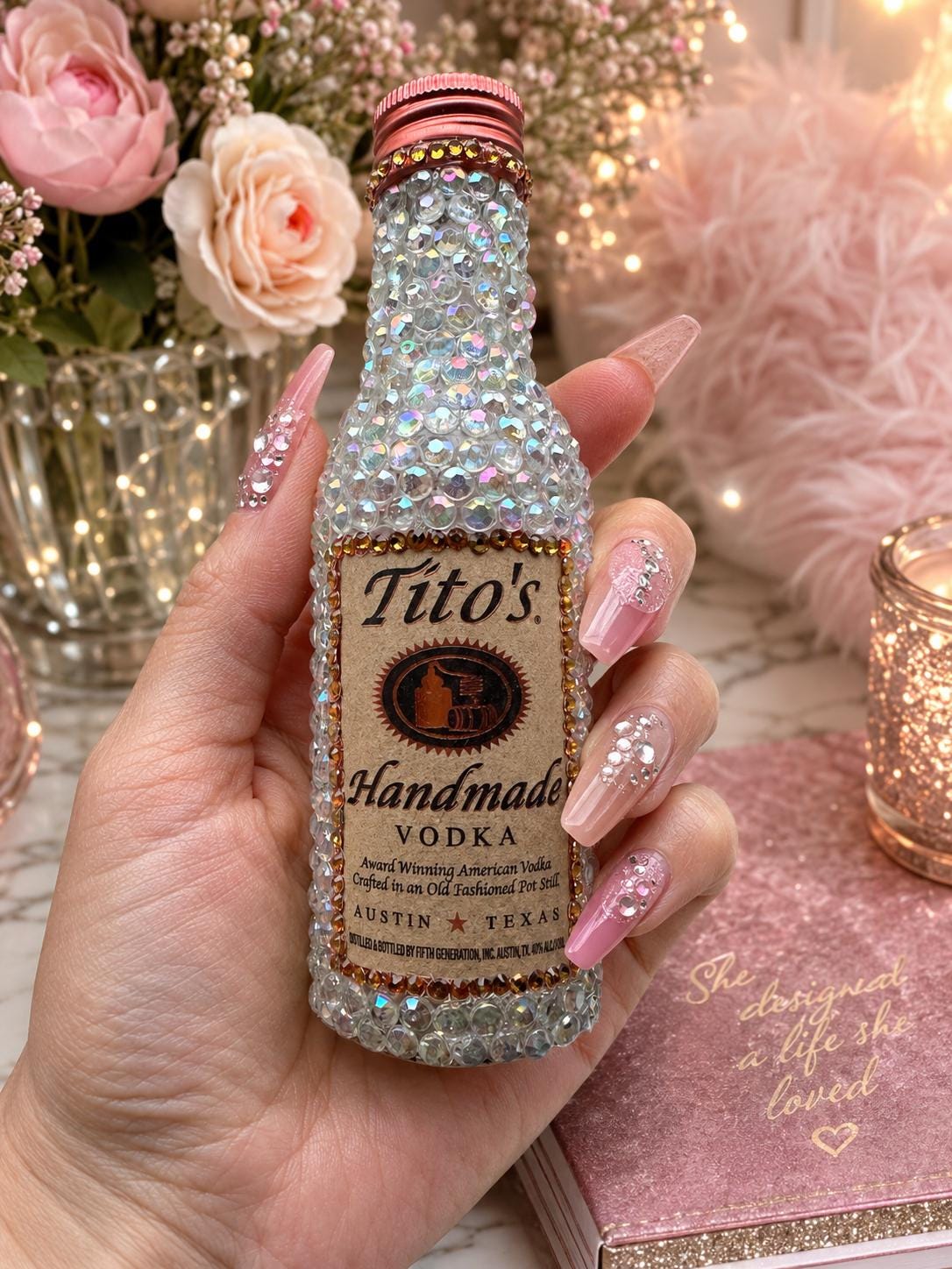 Bling Tito’s  100 mL Decanter Container – Empty Rhinestone Bottle – Handmade Crystal Covered bottle with repair kit  – Sparkly bar decor